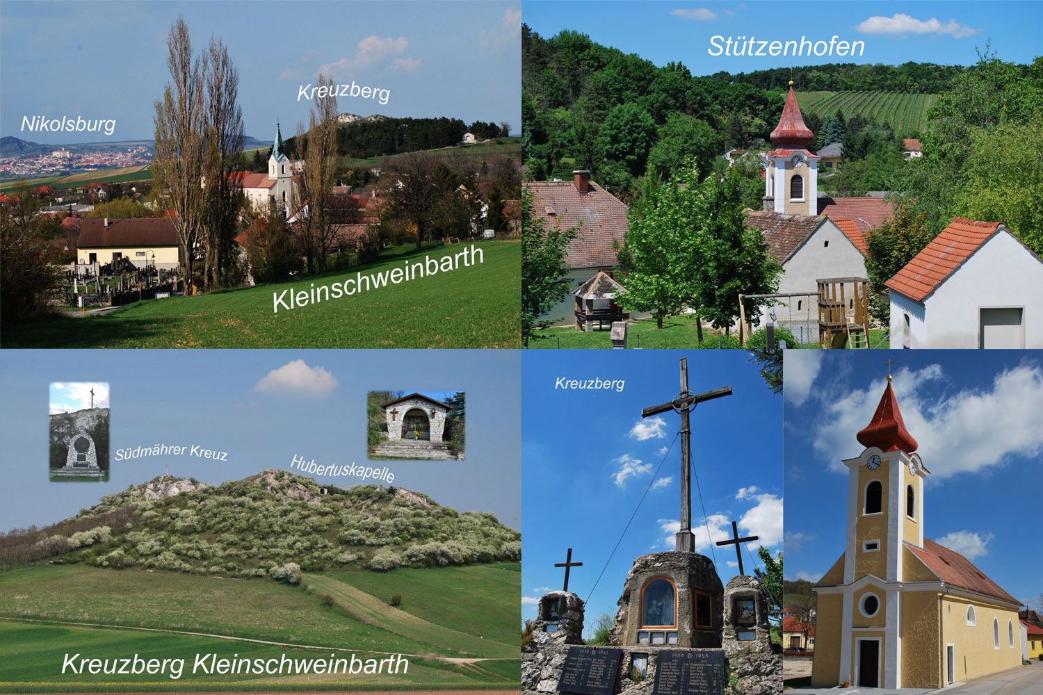 Collage of landscapes and buildings in Drasenhofen, including churches and crosses.