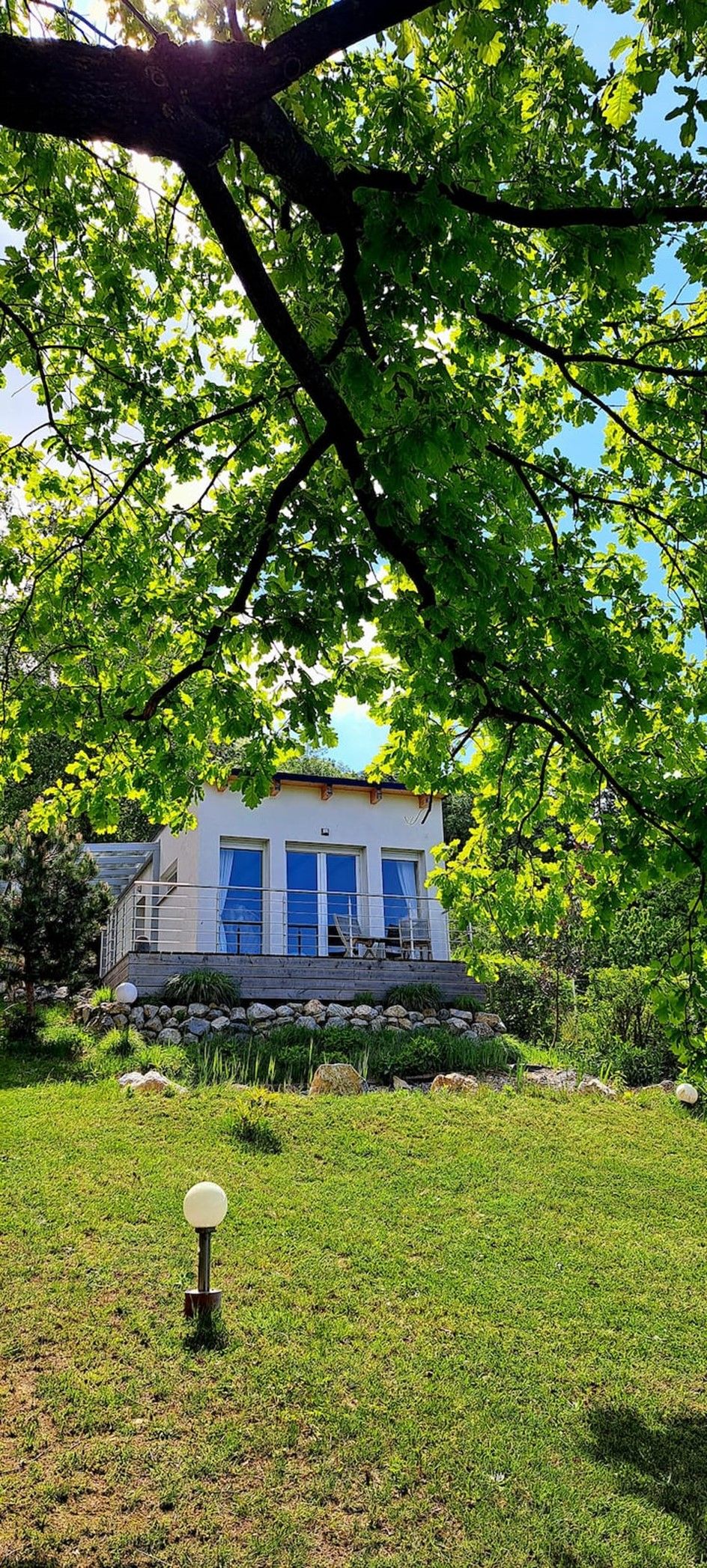 A modern chalet with a large window front, surrounded by green nature and trees.