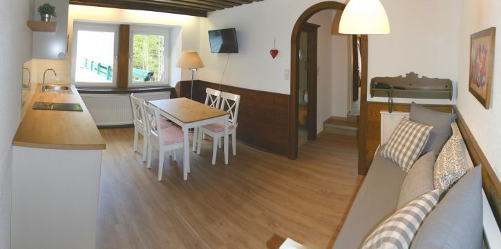 Cozy living room with wooden floor, dining table, sofa and kitchenette.