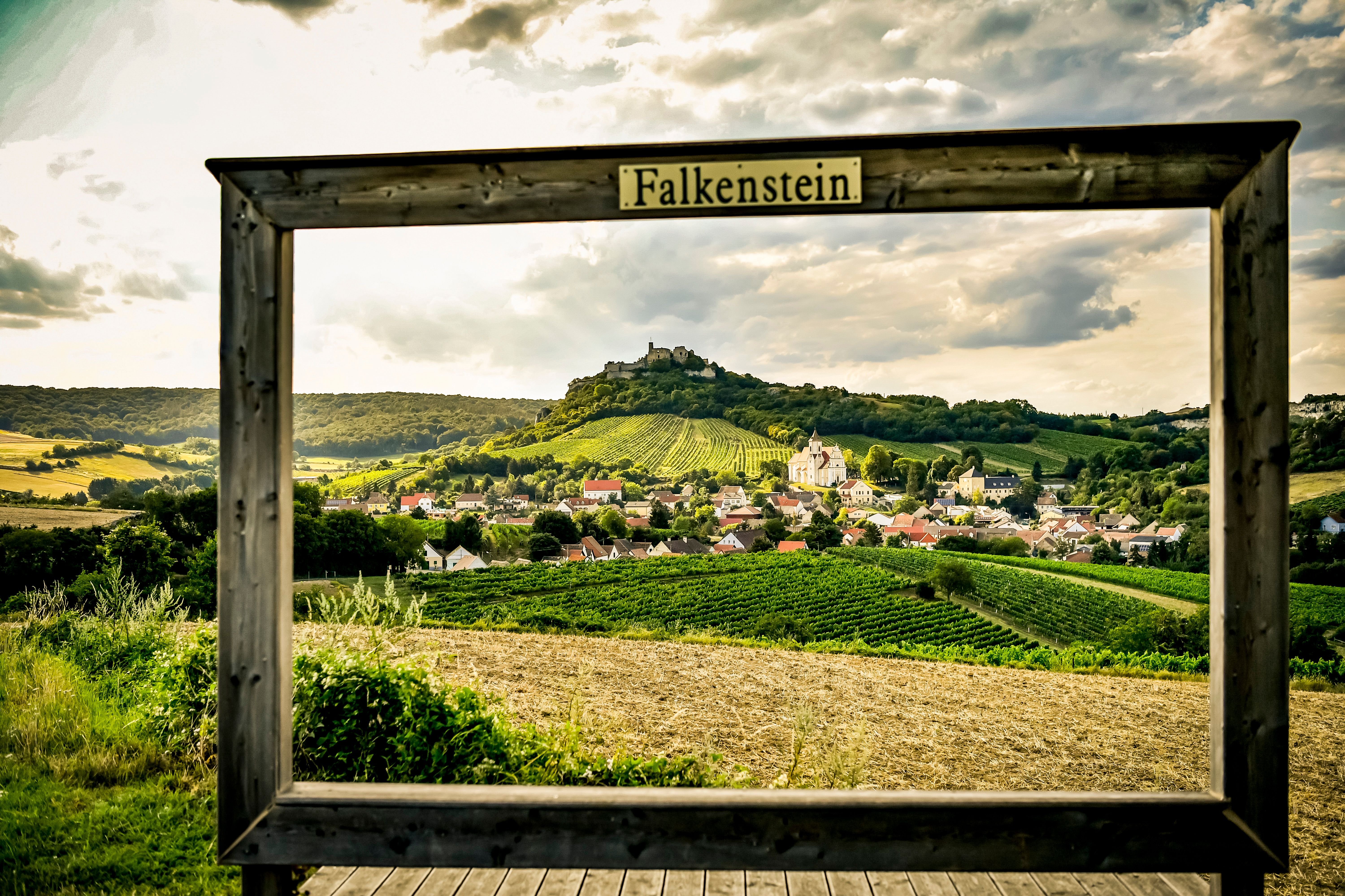 View of the village of Falkenstein with vineyards and a ruined castle in the background, framed by a wooden frame with the inscription 'Falkenstein'.