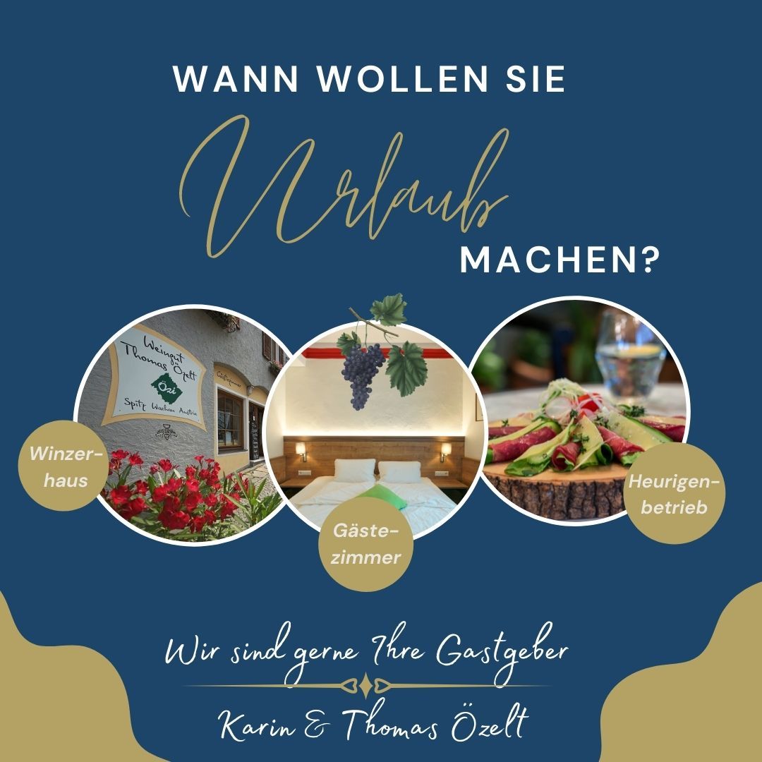 Advertising for vacation in the Wachau with pictures of the winegrower's house, guest rooms and wine tavern.