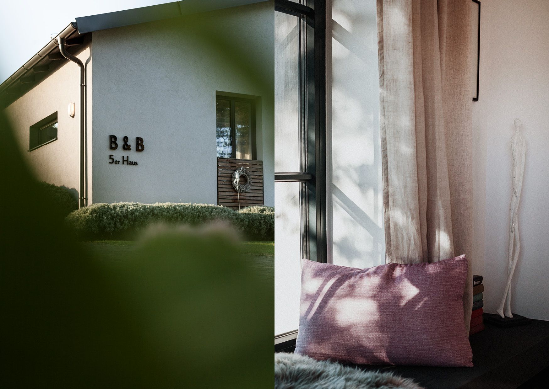 Exterior view of a B&B with the inscription '5er Haus' and interior view with purple cushions and curtains.