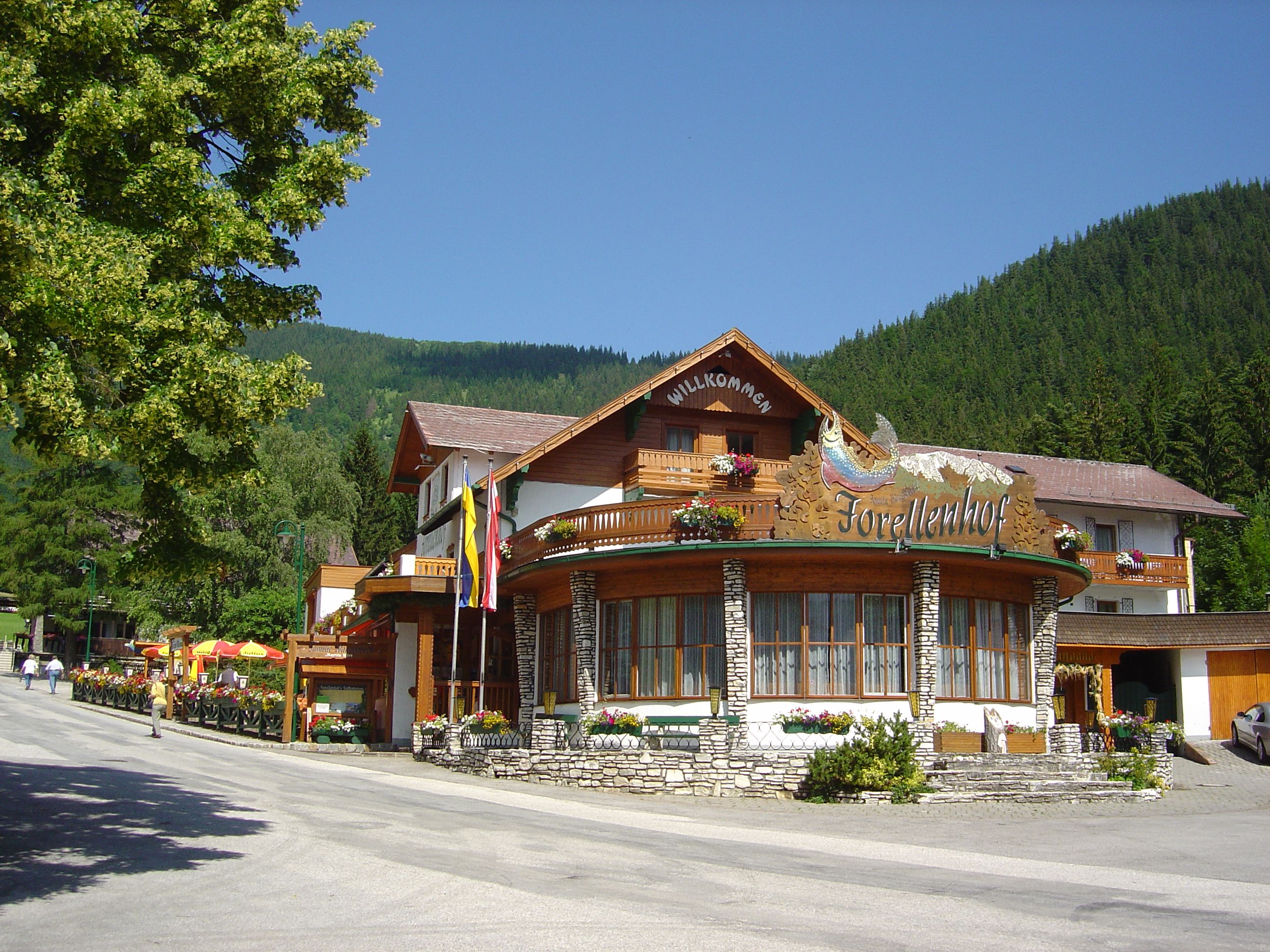 A traditional hotel with a wooden façade and flowers, surrounded by mountains and trees.
