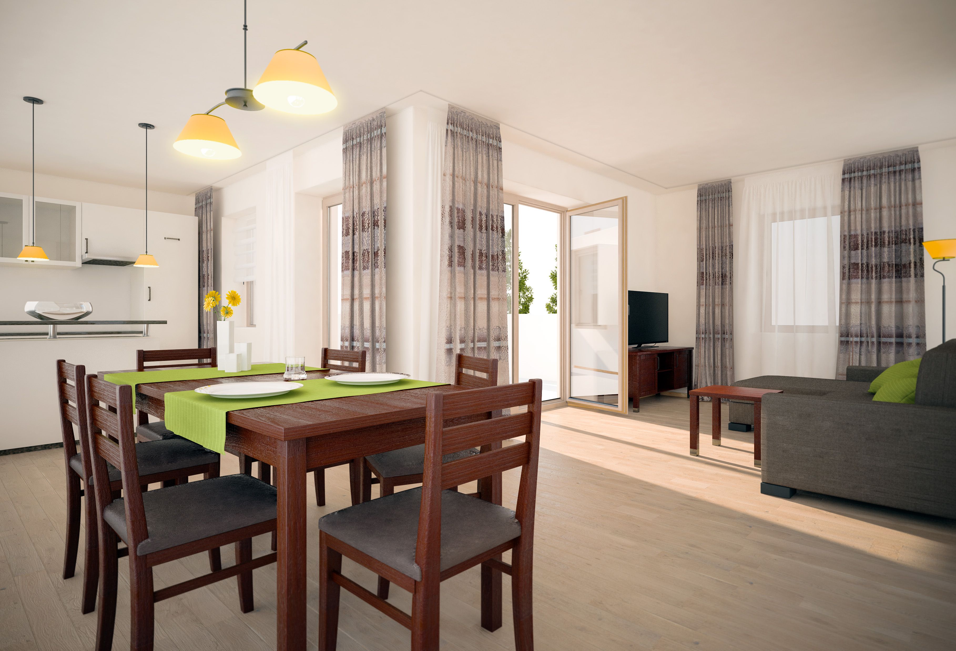 Modern living room with dining table, chairs, sofa and TV.