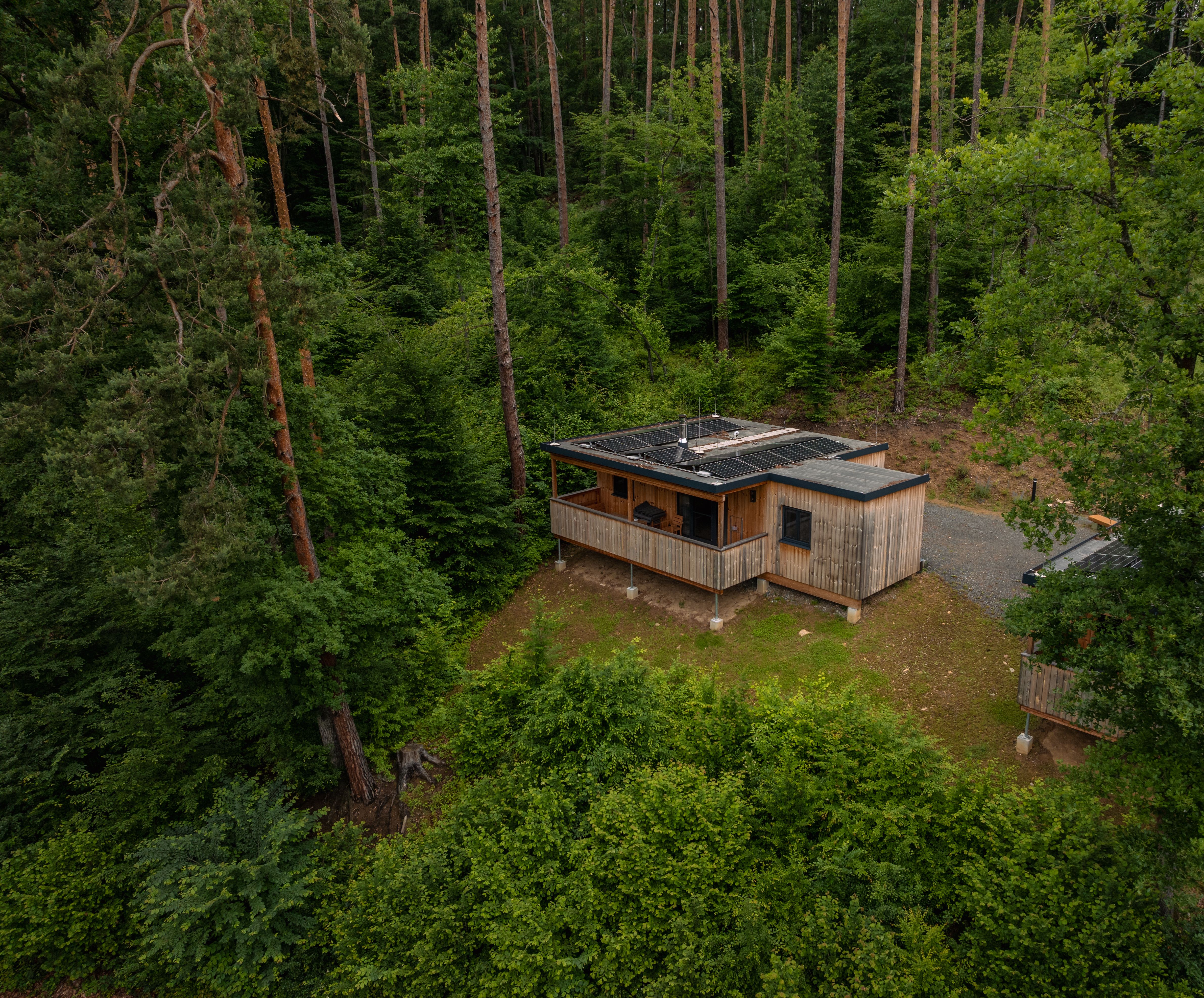 Aerial view of a castle ruin by the lake, surrounded by forest and hills.