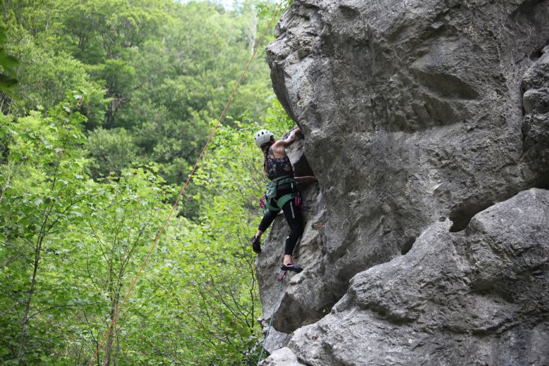 Person climbing on a rock face outdoors, surrounded by green trees.