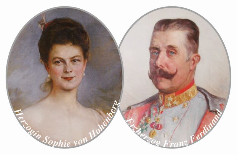 Portraits of Sophie von Hohenberg and Franz Ferdinand.