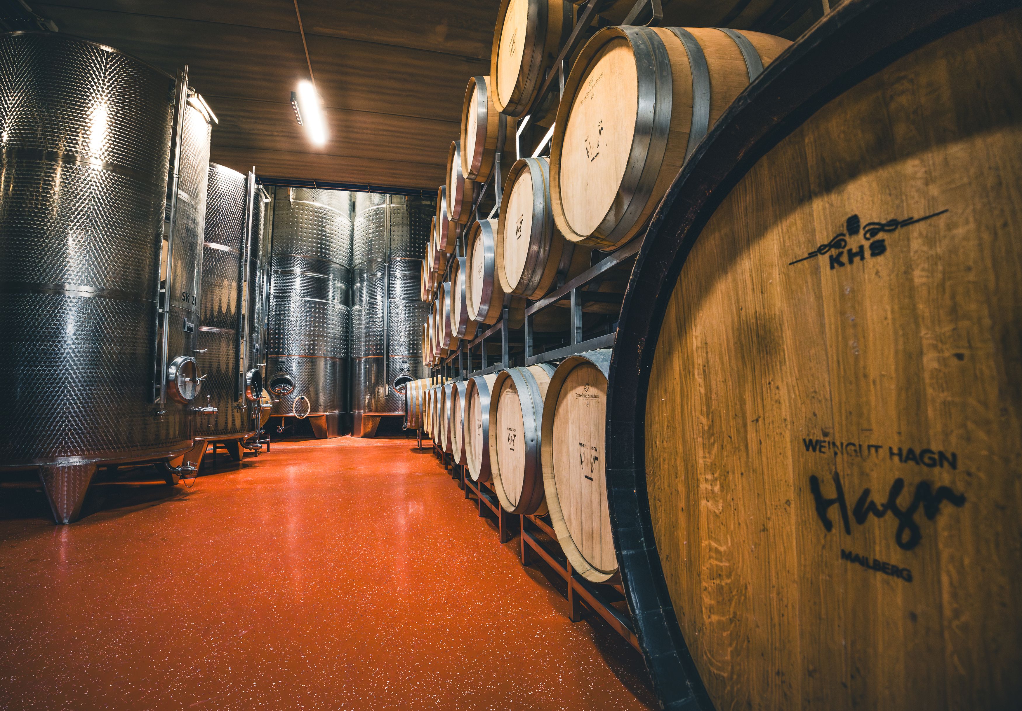 Wine cellar with wooden barrels and stainless steel tanks.