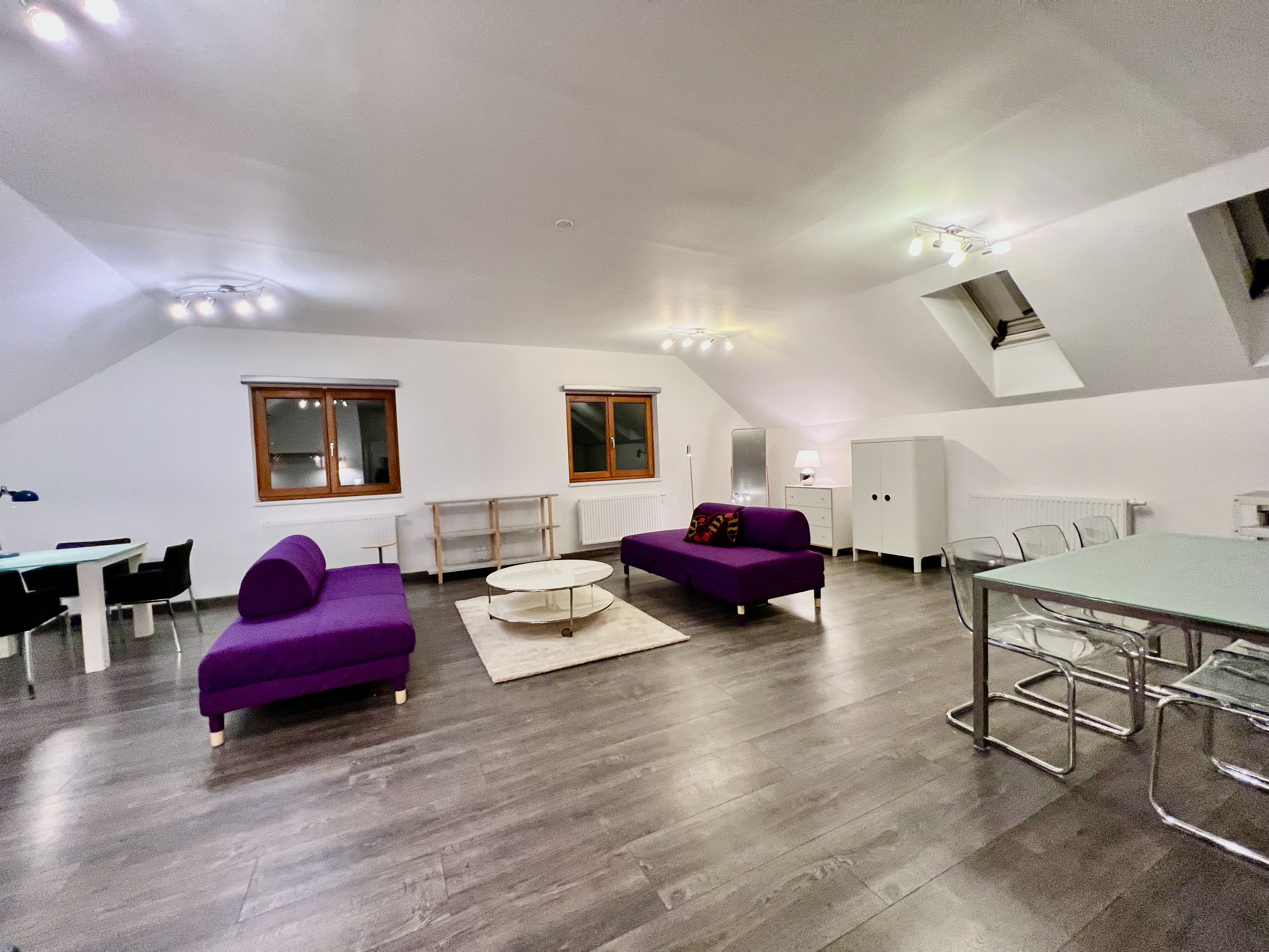 Modern loft with purple sofas, dining table and wooden floor.