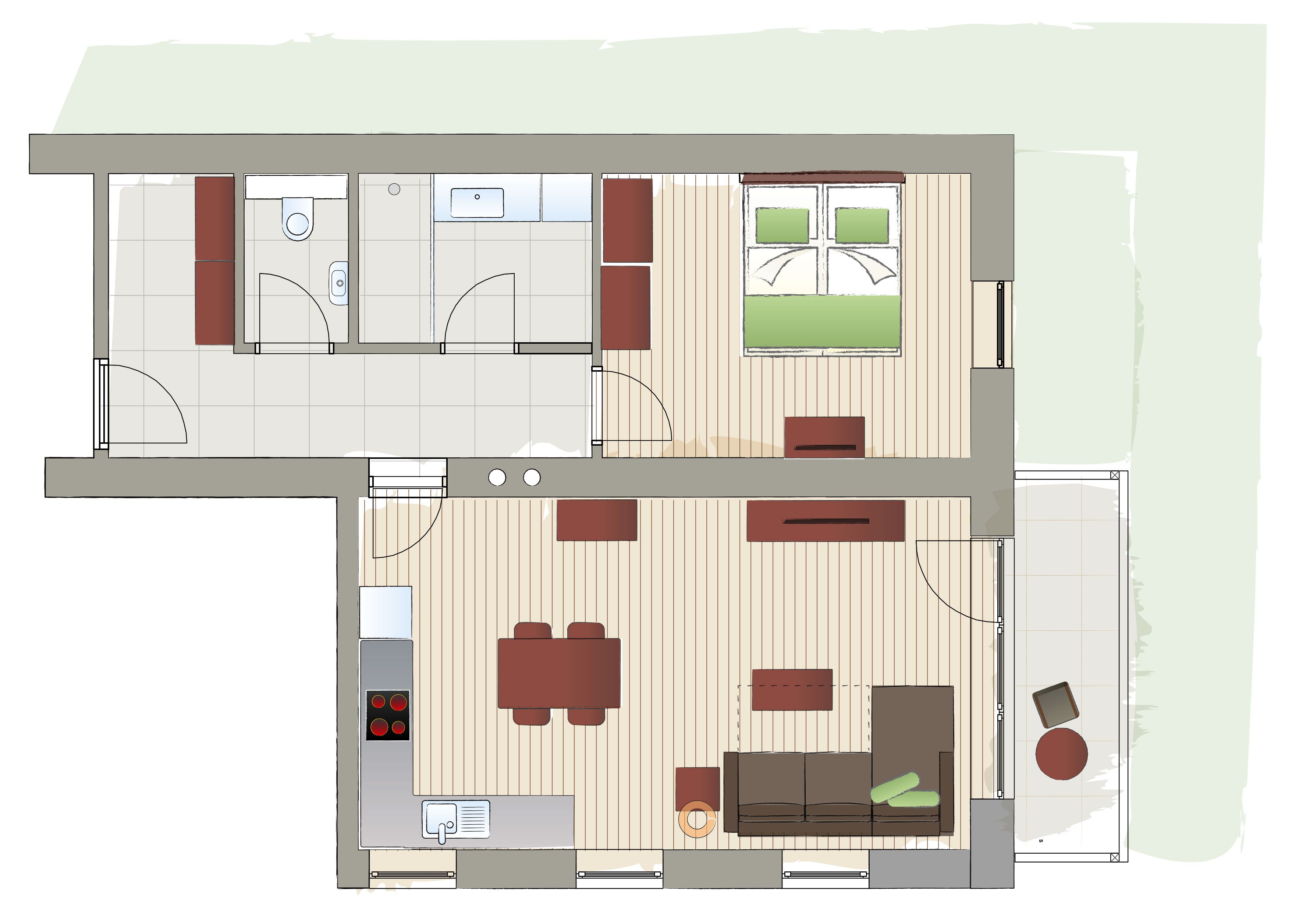 Floor plan of an apartment with bedroom, living room, kitchen and bathroom.