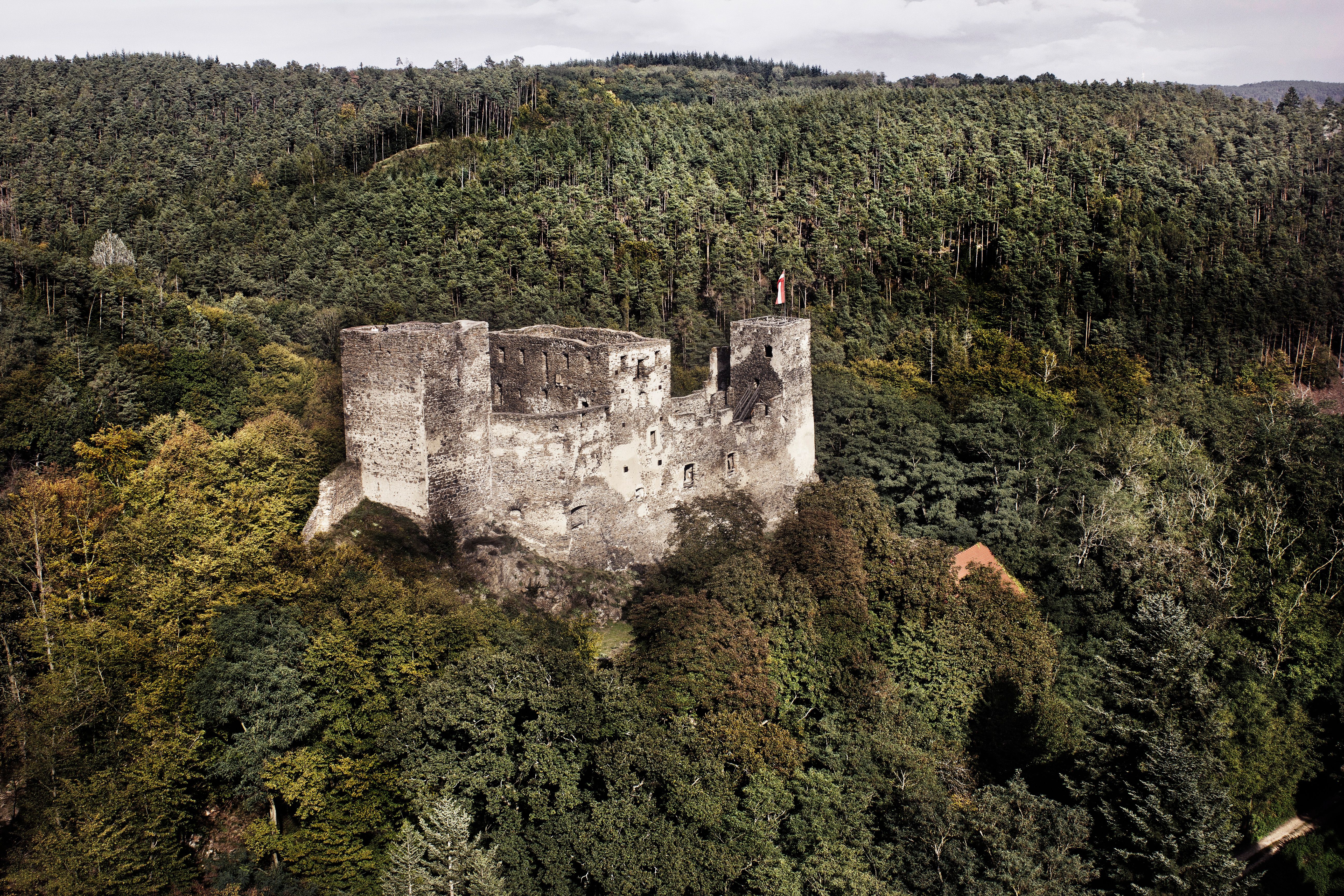 Aerial view of the Kronsegg ruins in the middle of a dense forest.