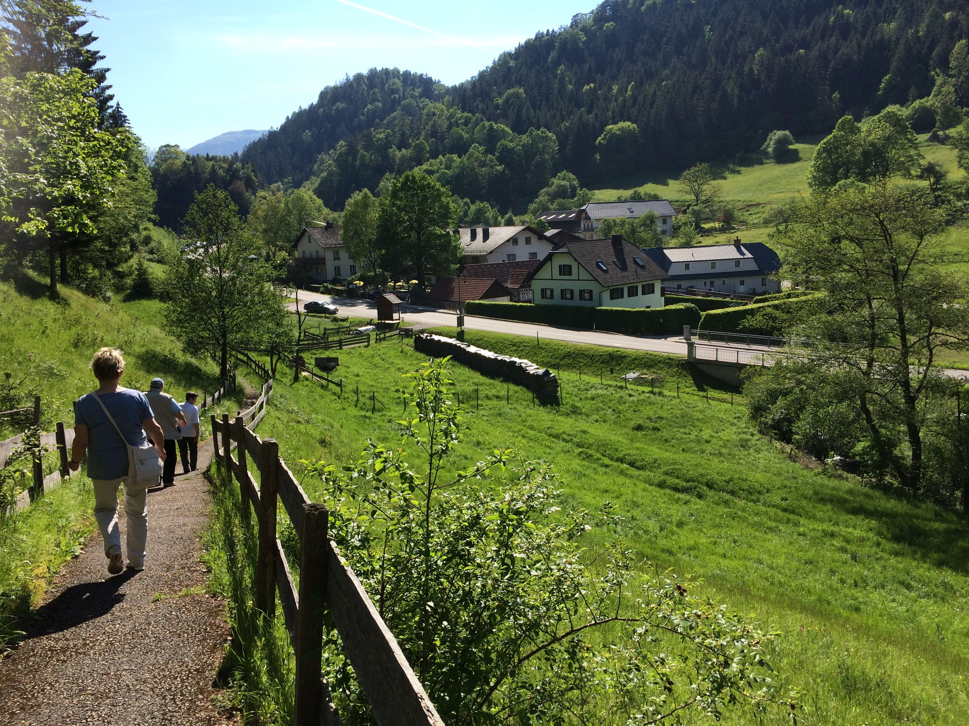People walk along a path in a green, hilly landscape with houses in the background.
