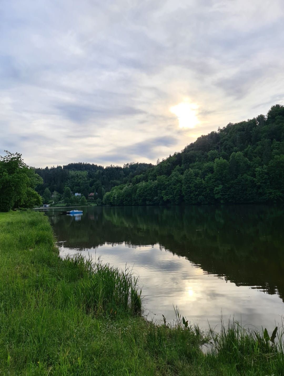 A calm lake with wooded hills in the background and a slightly cloudy evening sun.