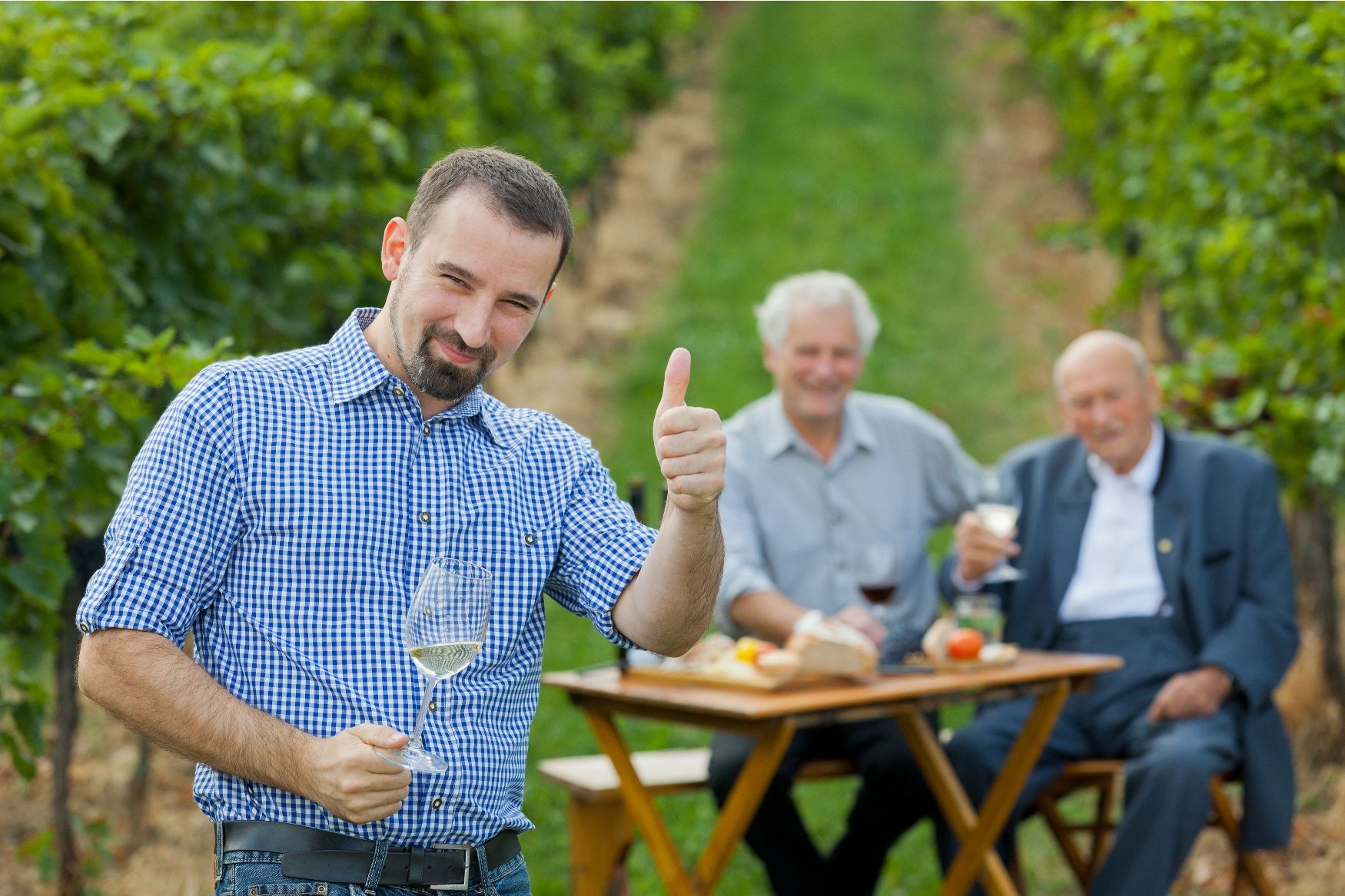 A man in a checked shirt gives a thumbs-up and holds a wine glass, while two older men sit at a table in the vineyard in the background.