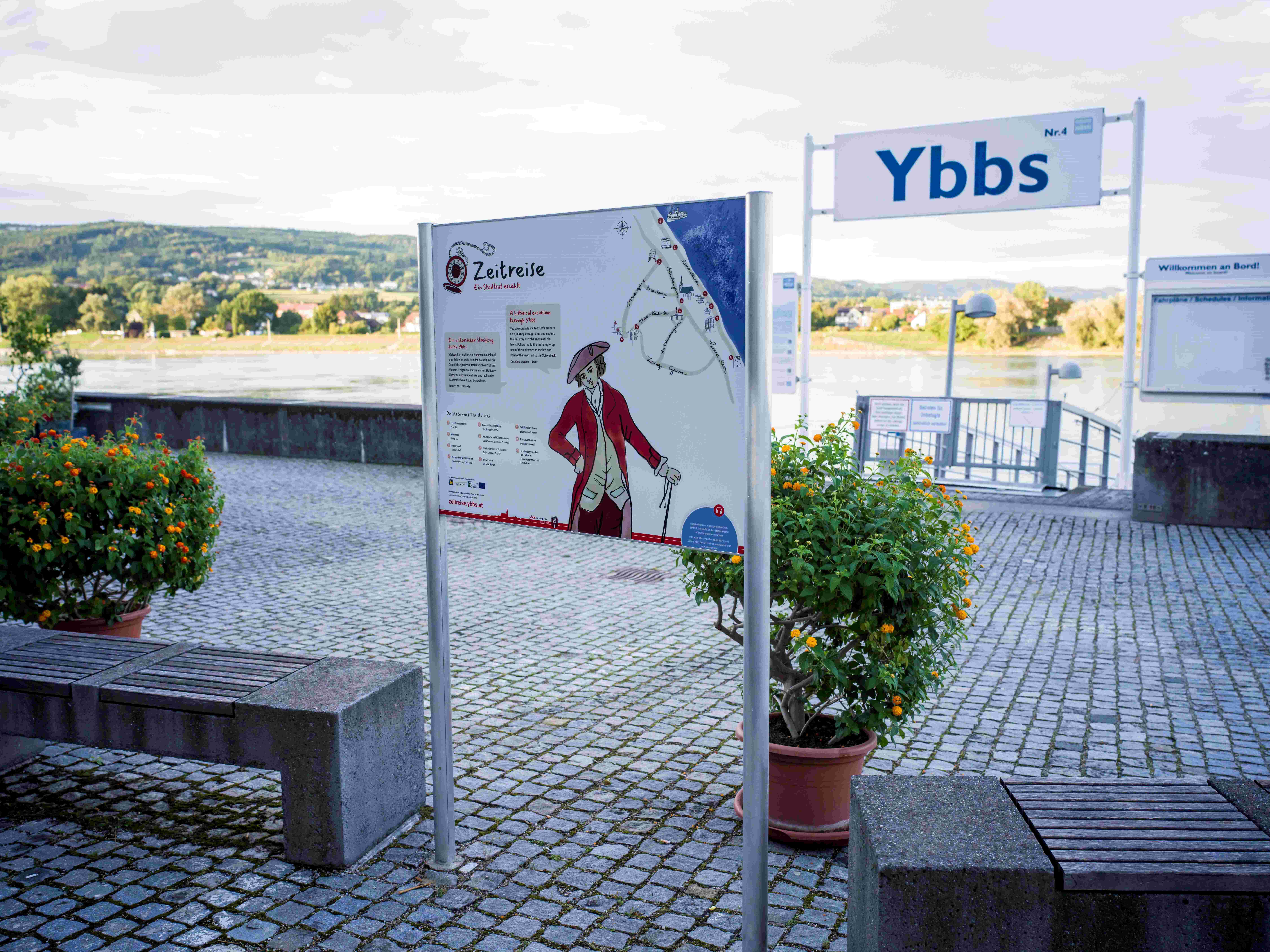 Information sign for time travel in Ybbs an der Donau.