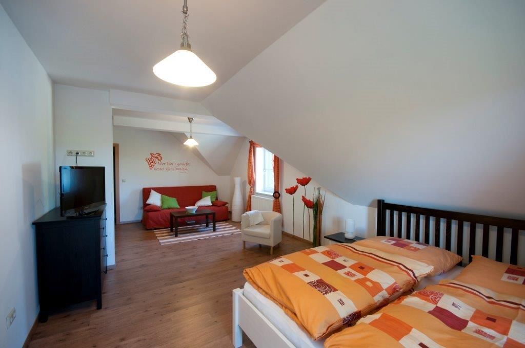 Cozy guest room with double bed, sofa, TV and decorative elements.