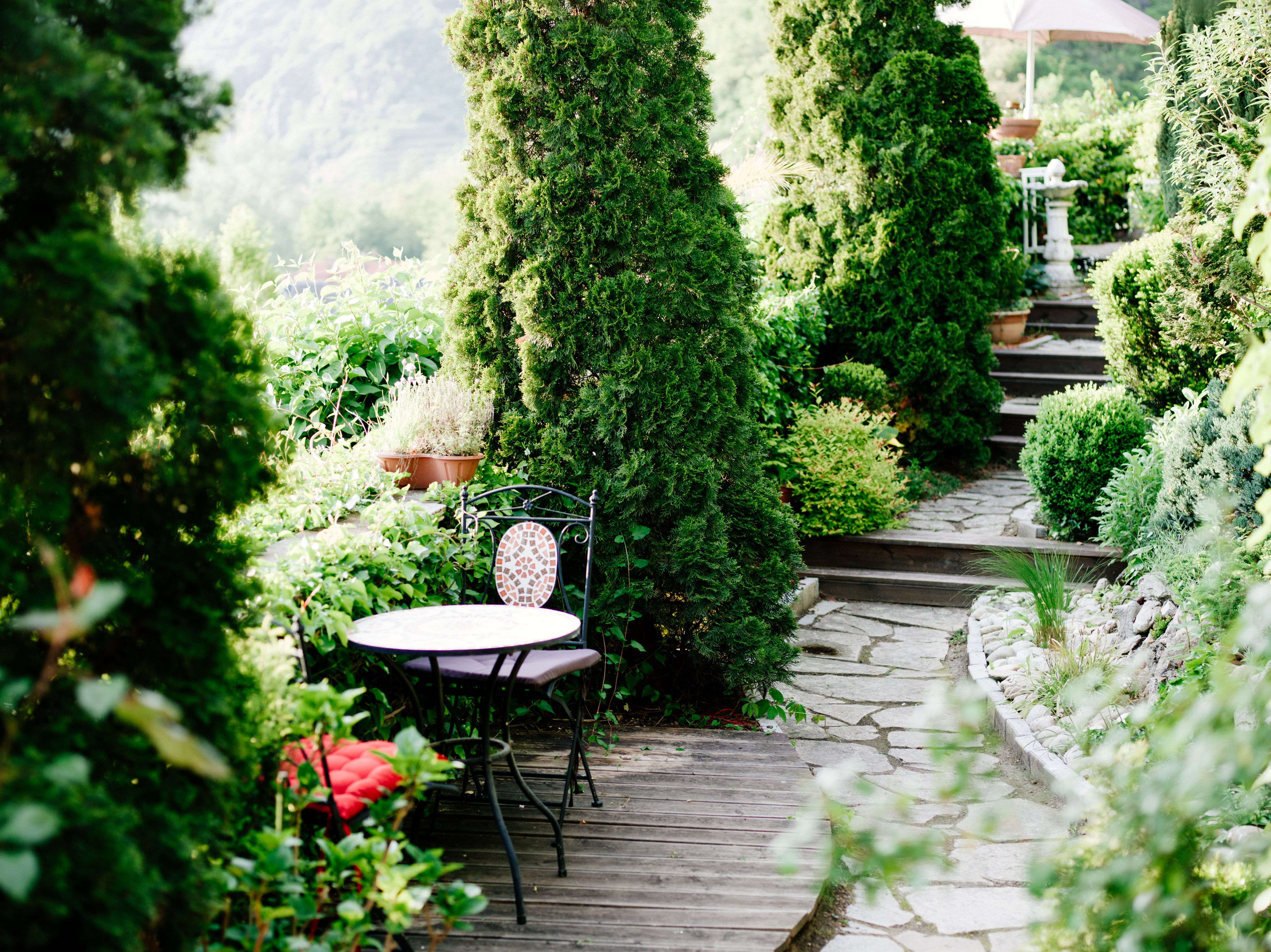 An idyllic garden path with stone slabs, surrounded by lush greenery and tall trees. A round table with chairs stands at the edge of the path.