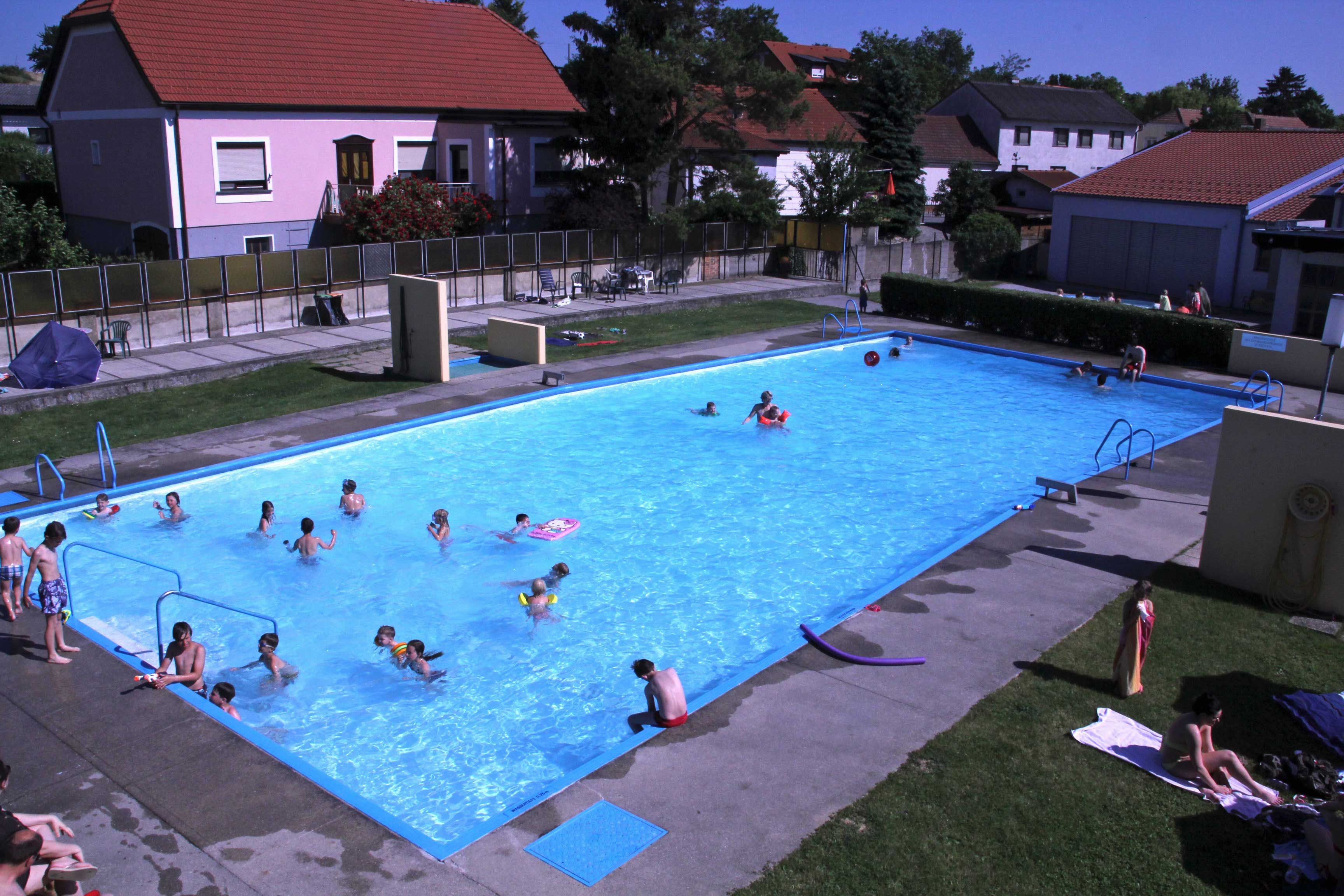 An outdoor pool with several people in the water and on the sunbathing lawn.