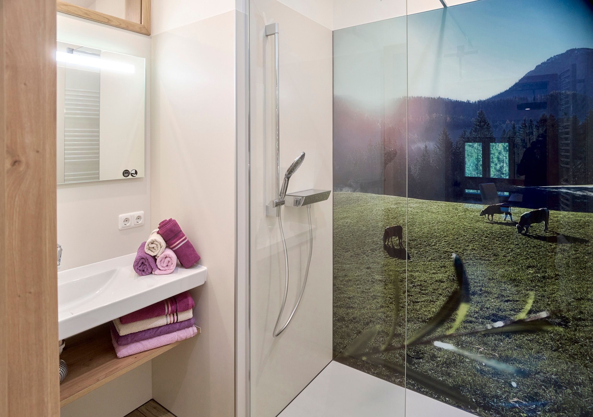 Modern bathroom with shower and landscape painting on the shower wall.