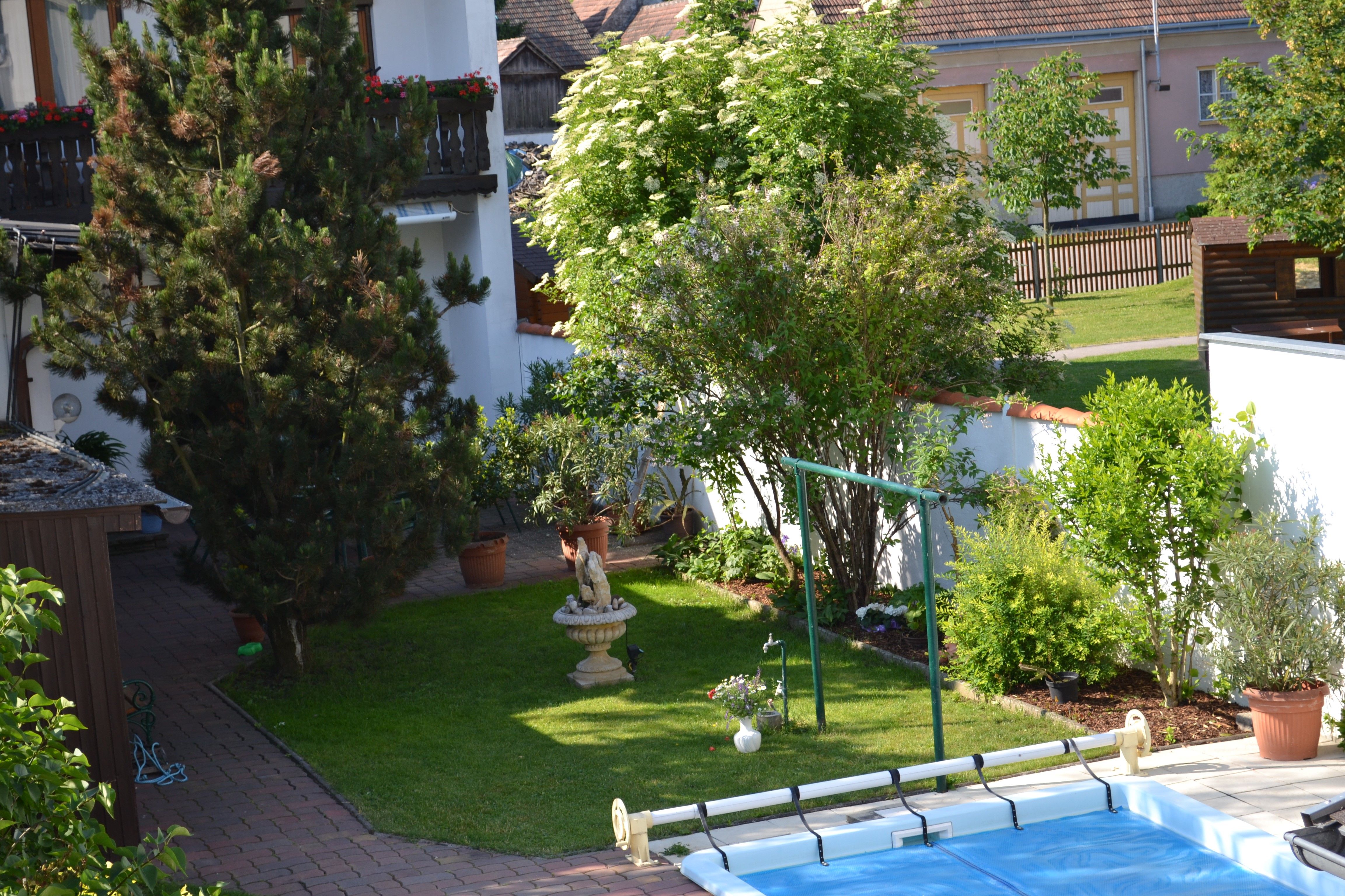 A well-tended garden with trees, shrubs, a statue and a pool. A house and a fence can be seen in the background.