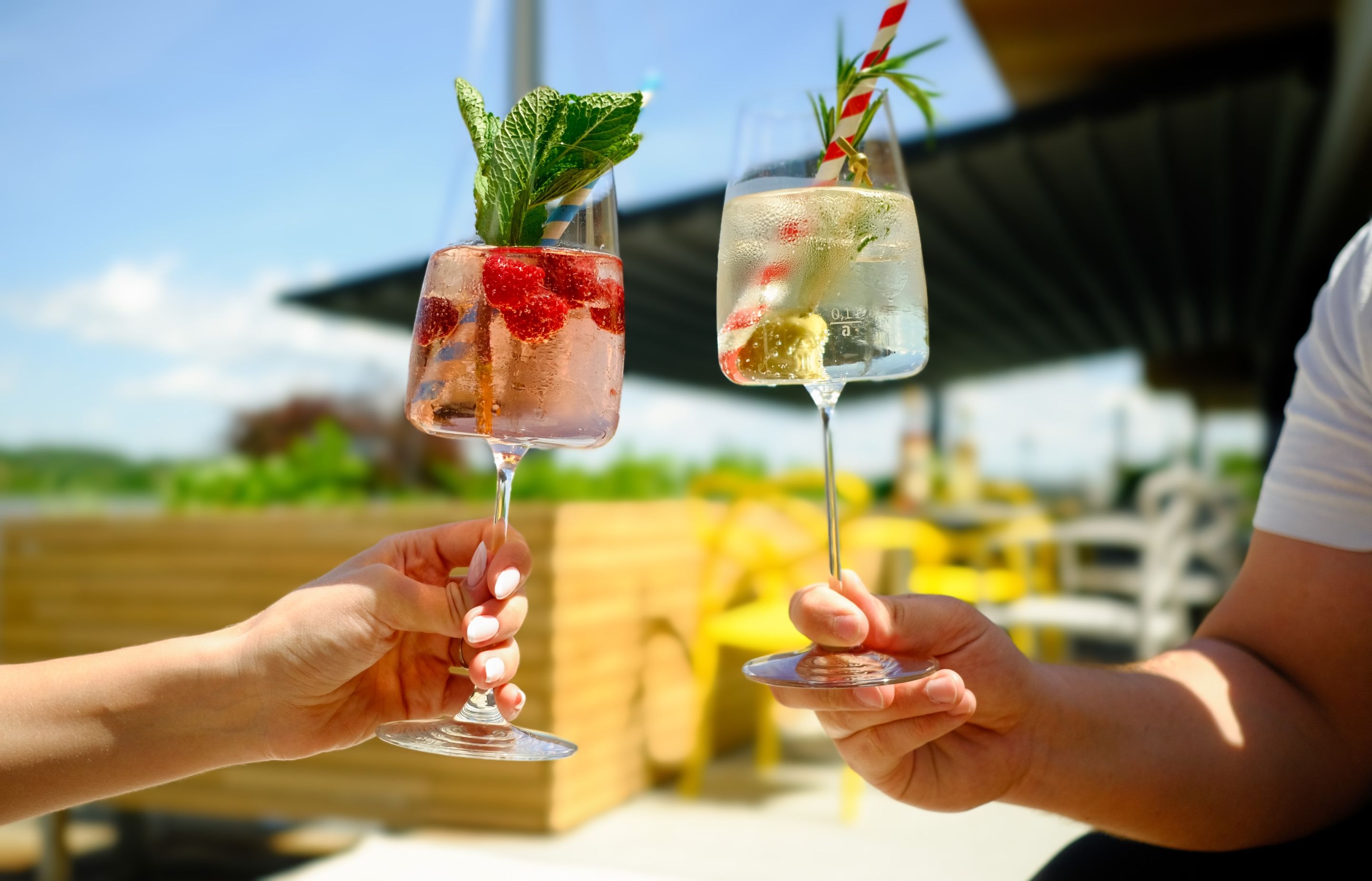 Two people holding wine glasses with chilled drinks