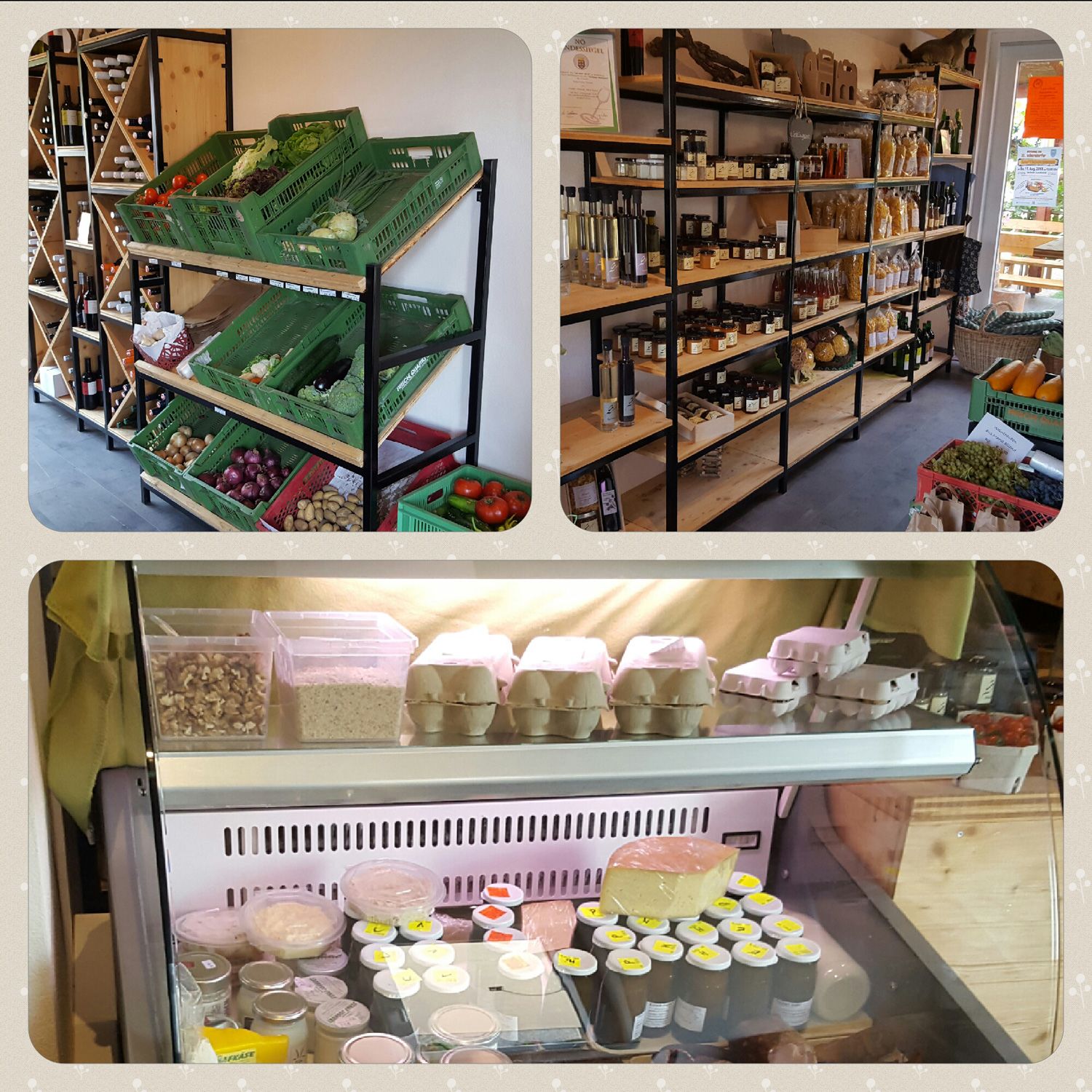 Interior view of a farm store with shelves full of vegetables, jams, eggs and dairy products.