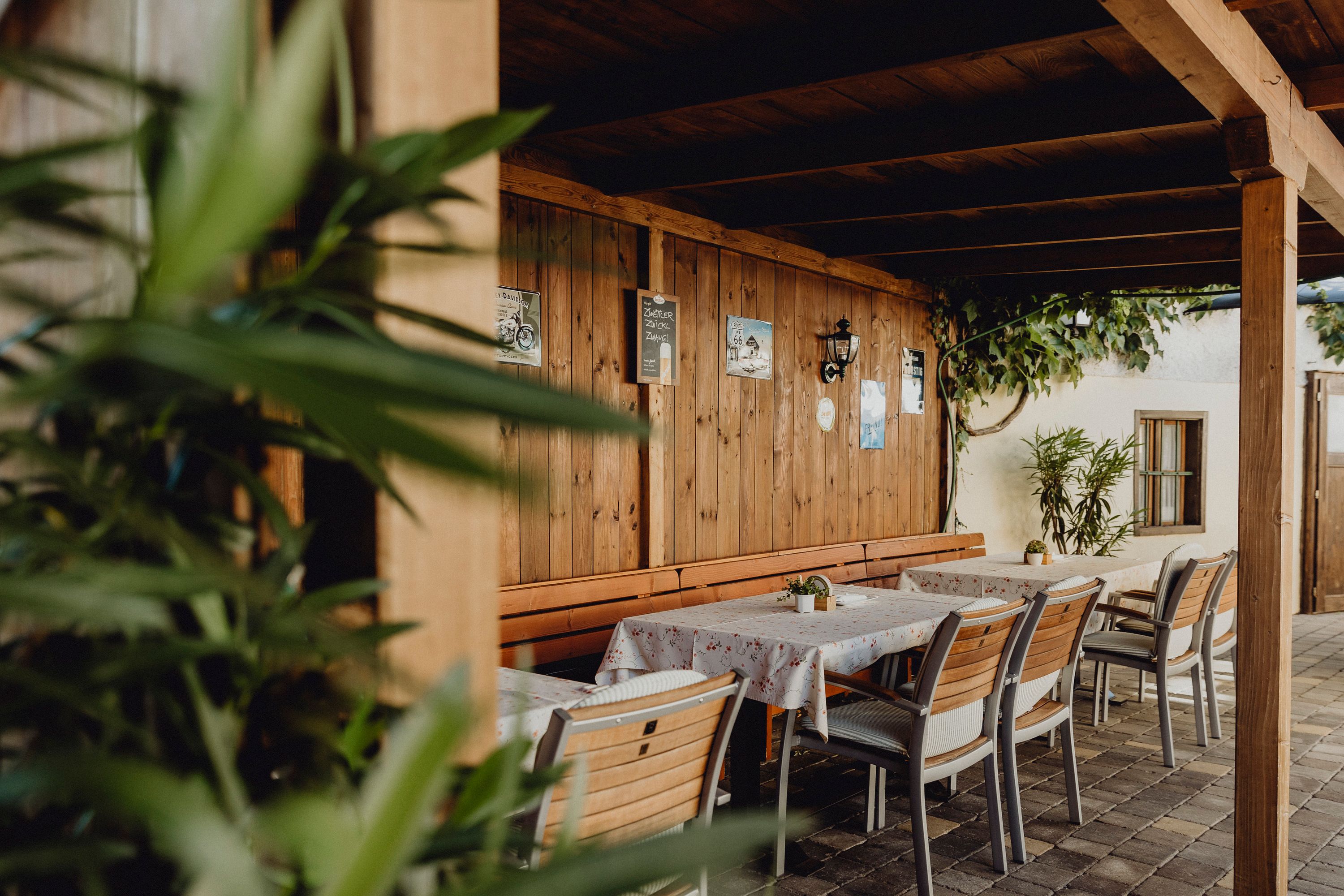 Covered guest garden with wooden walls, tables and chairs, decorated with plants and posters.