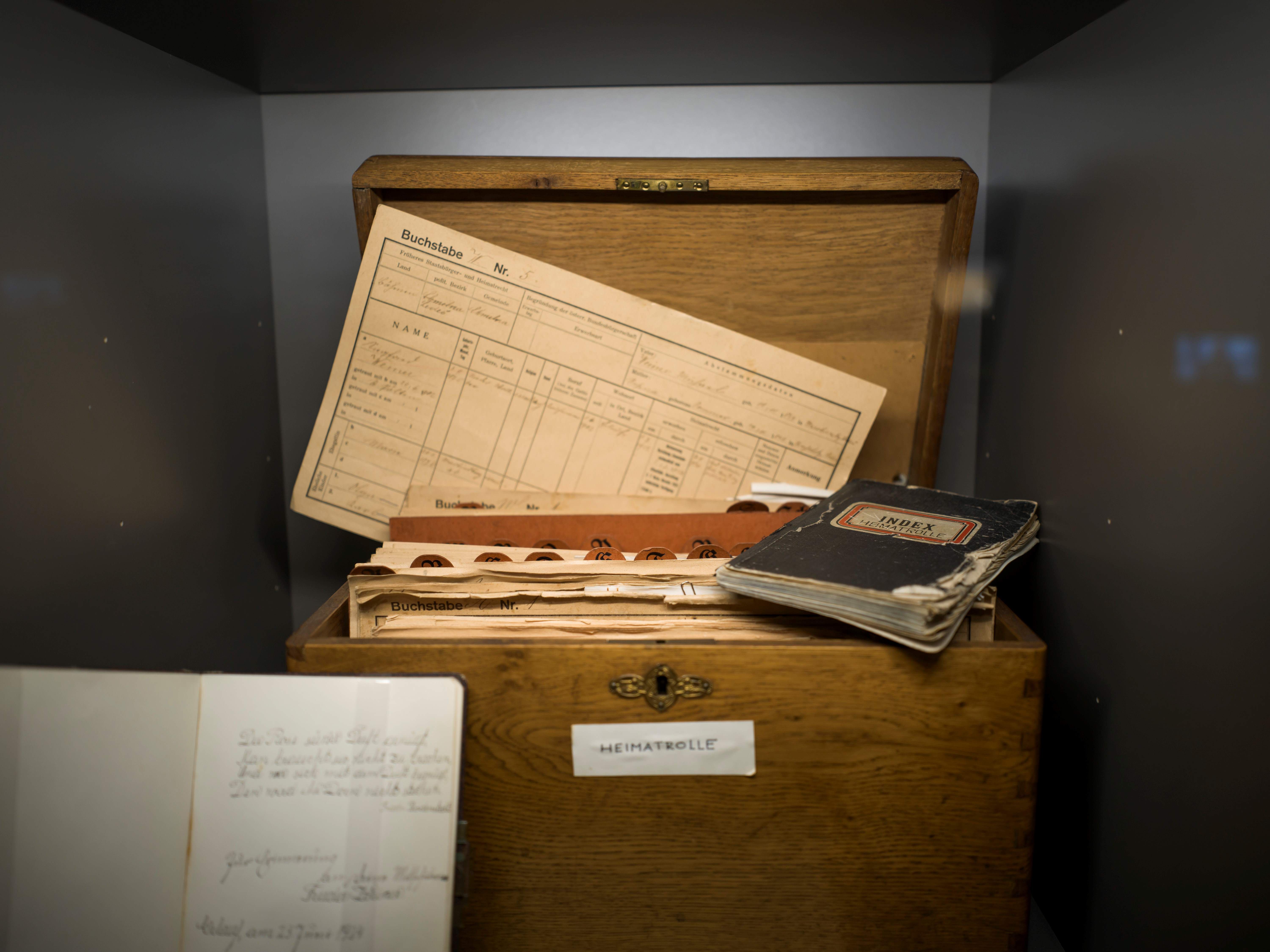 Wooden box with documents in the Erlauf Peace Museum.