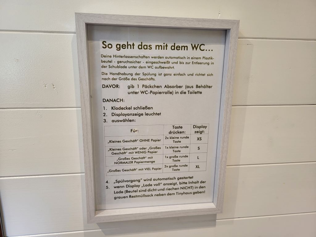 Instructions for using a special toilet with various flushing options, mounted in a frame on the wall.