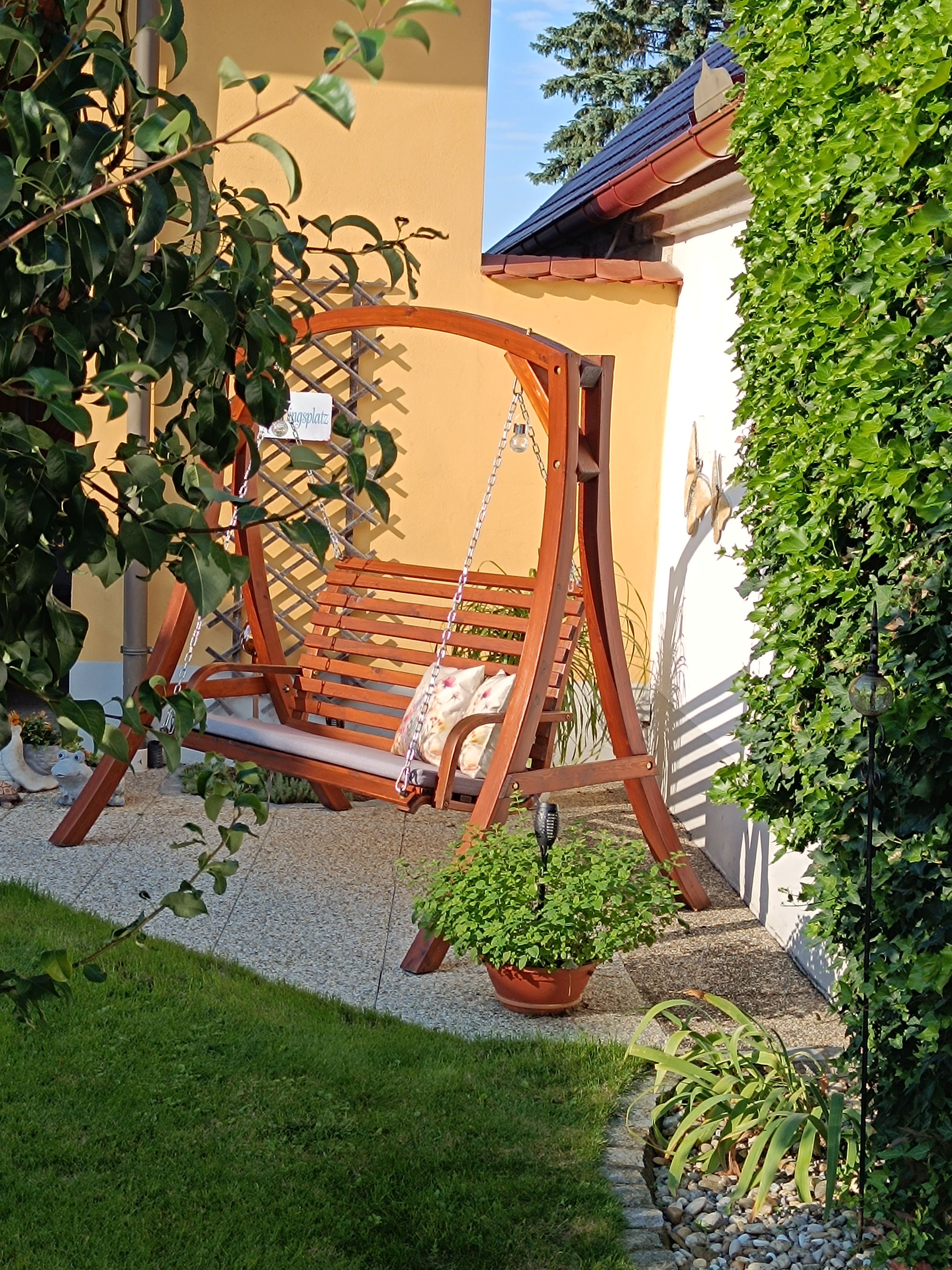 Wooden swing in the sunny courtyard with plants and green hedge.