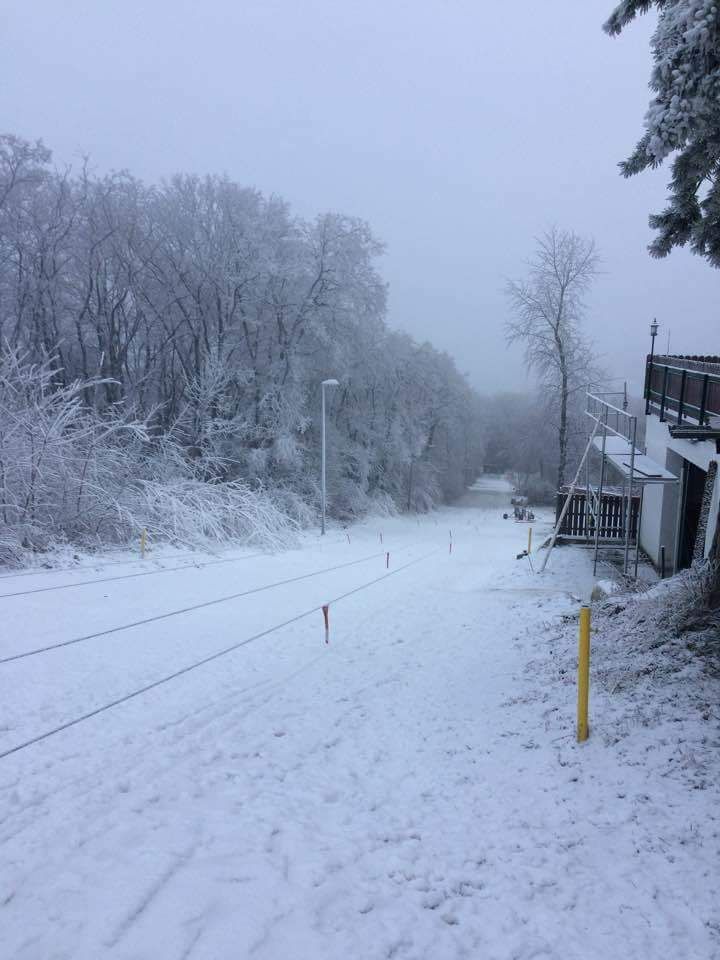 Snow-covered ski slope with drag lift and trees in the background.