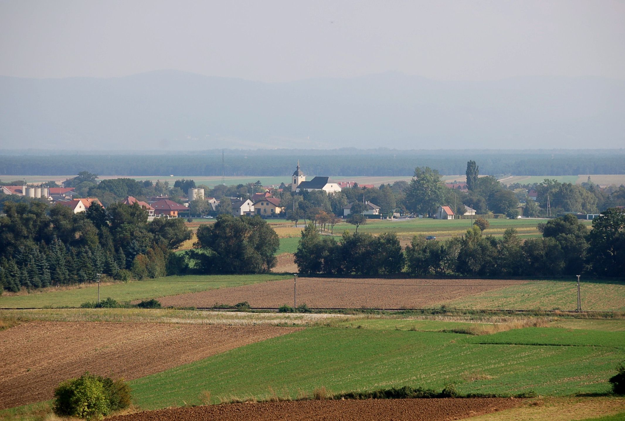 Landscape with fields and village in the background, Weikersdorf am Steinfelde.