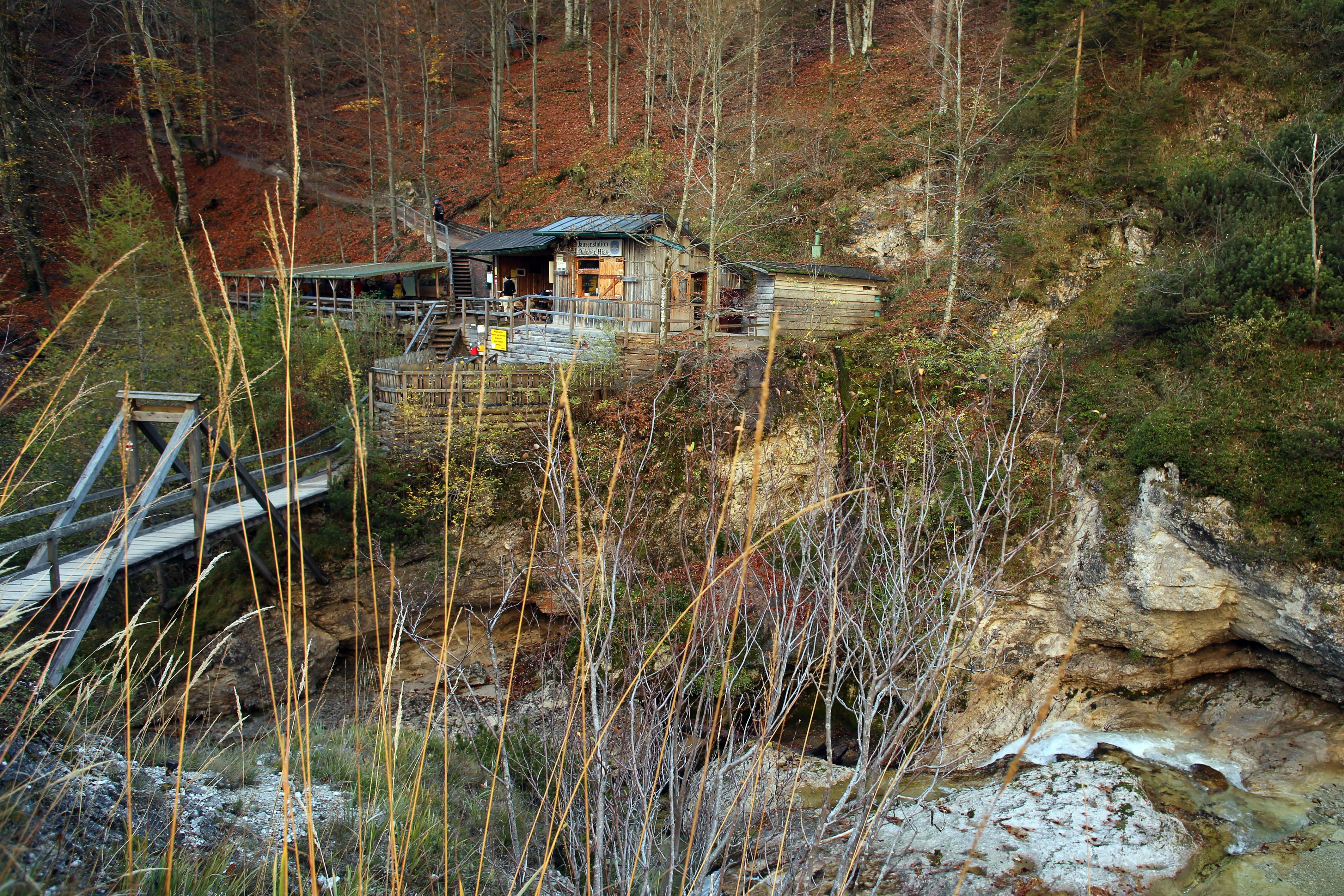 Wooden hut in the Ötschergräben with bridge and autumnal landscape.