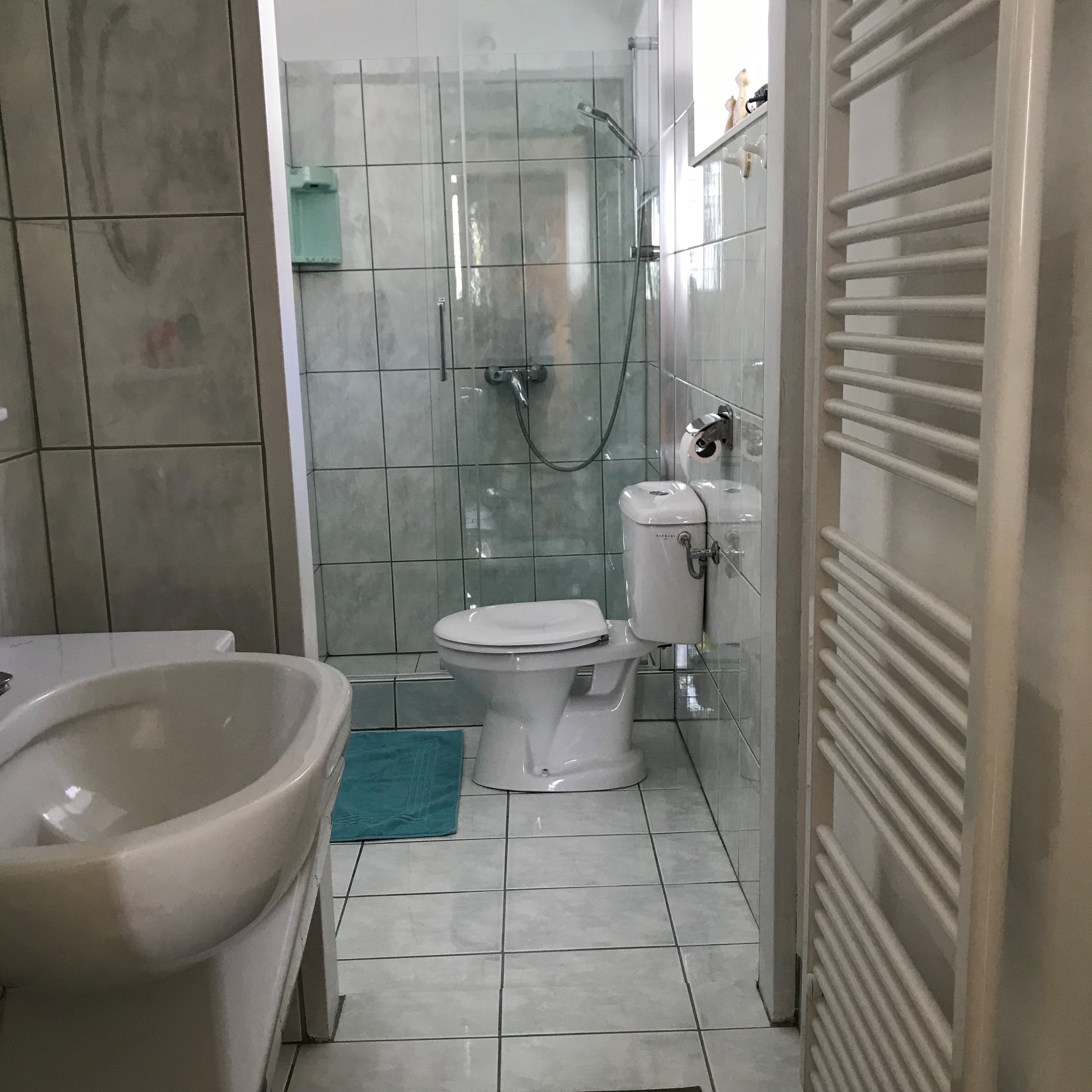 Modern bathroom with shower, toilet and washbasin.