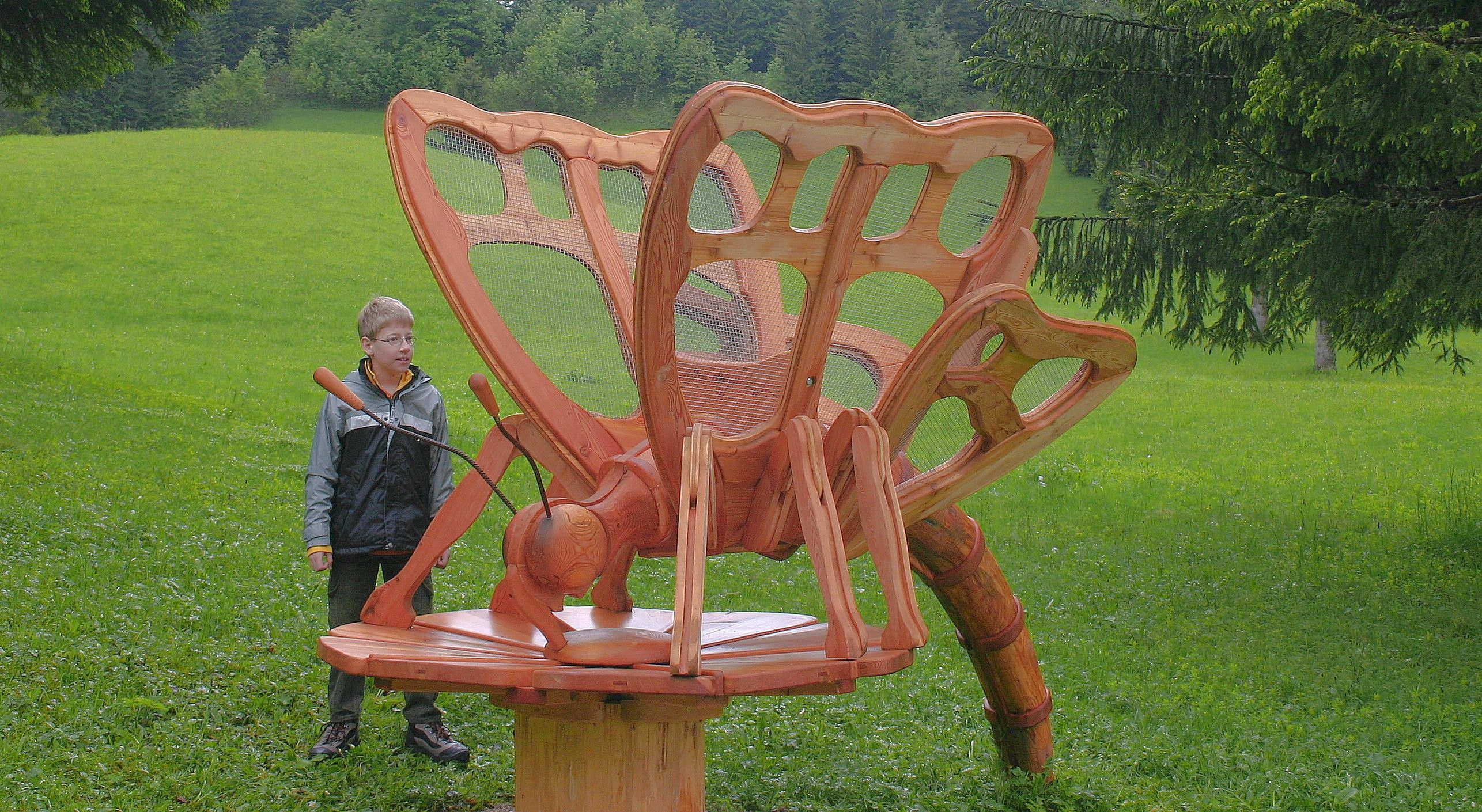A boy stands next to a large wooden sculpture of a butterfly in a meadow.