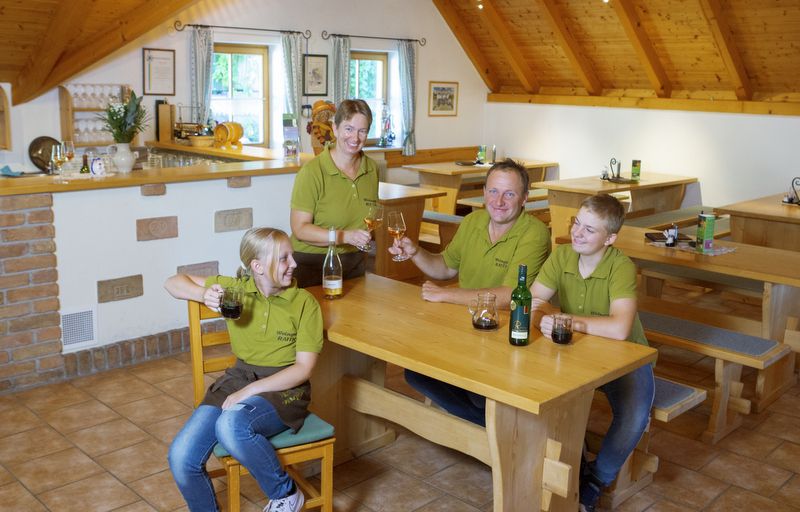 A family in green shirts sits at a wooden table in a wine tavern and toasts with drinks.