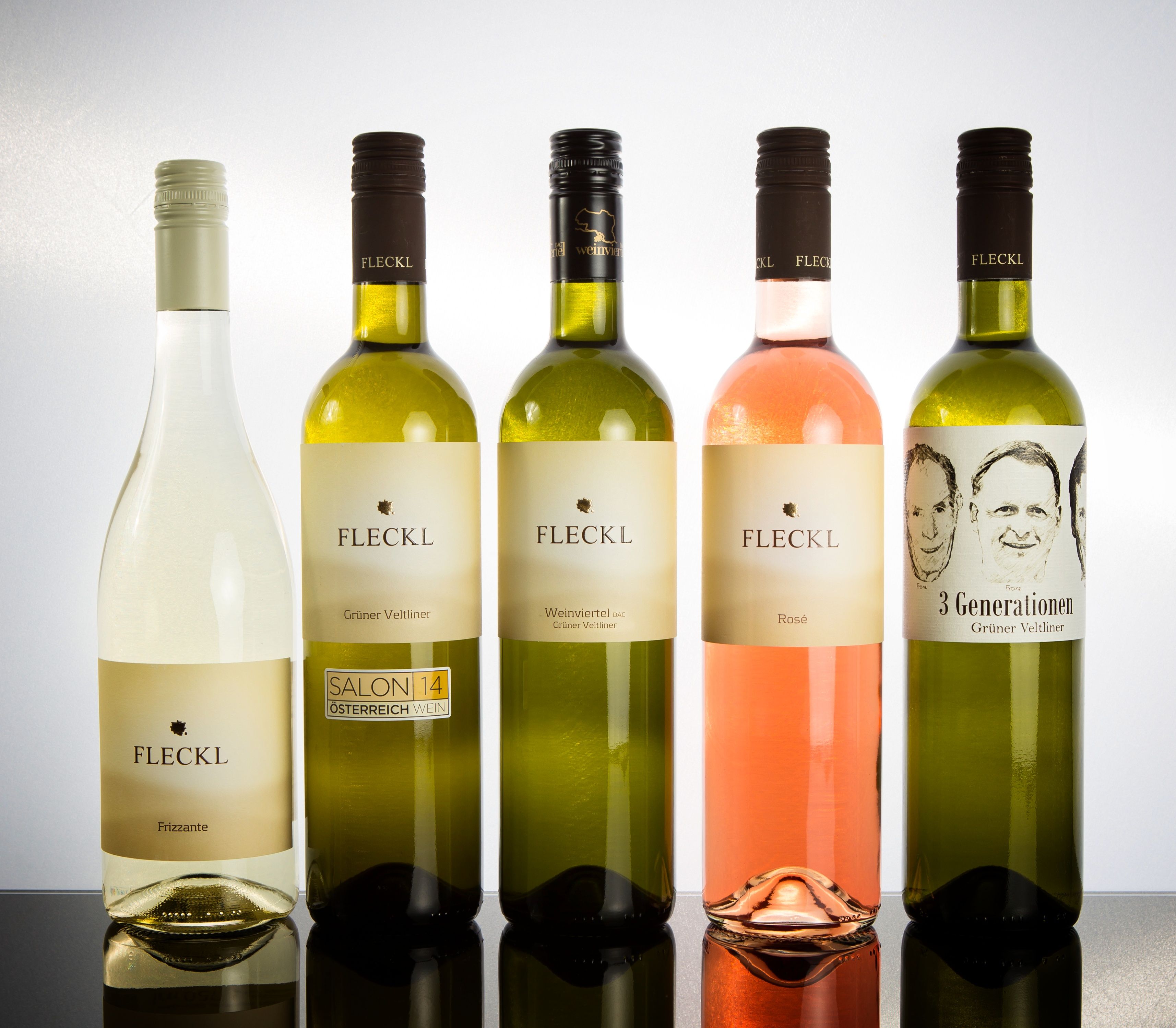 Five bottles of Fleckl brand wine, including Frizzante, Grüne Veltliner and Rosé.