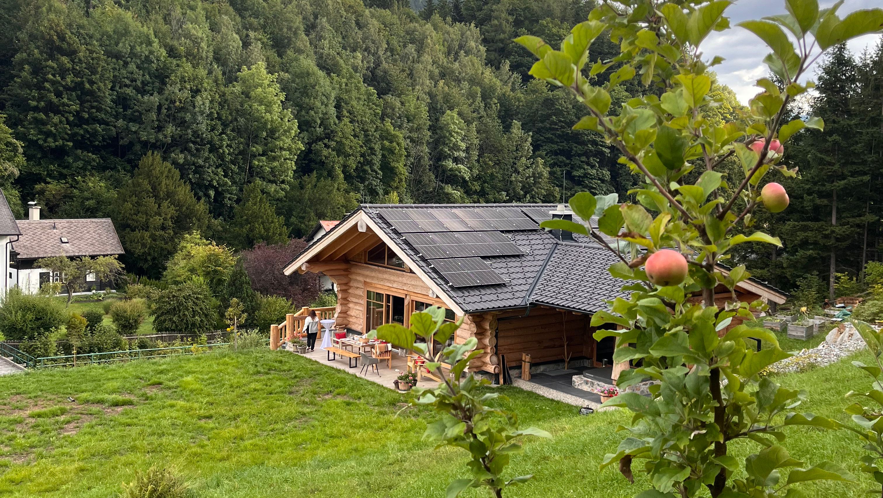 A wooden chalet with solar panels on the roof, surrounded by green landscape and trees. An apple tree with ripe apples in the foreground.