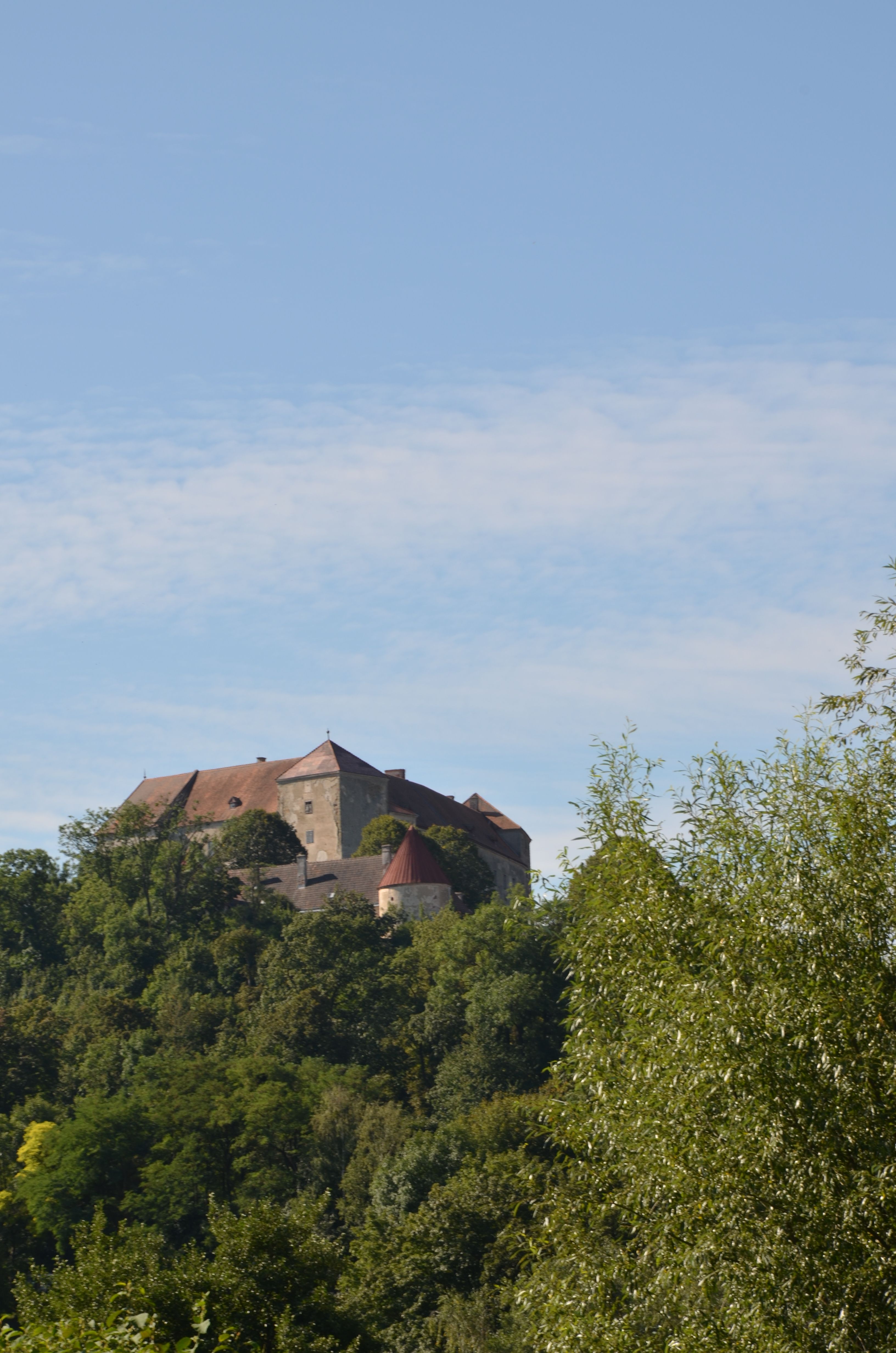 Neulengbach Castle on a wooded hill under a blue sky.