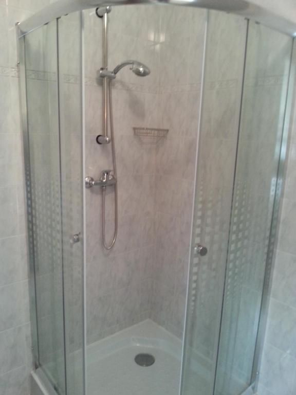 Corner shower with glass doors and shower head in a tiled bathroom.
