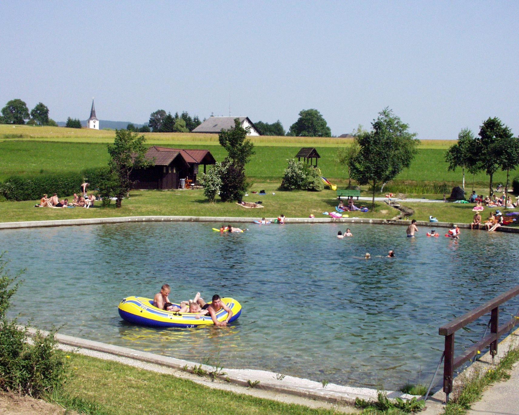People bathing in a pond with surrounding meadow and trees.