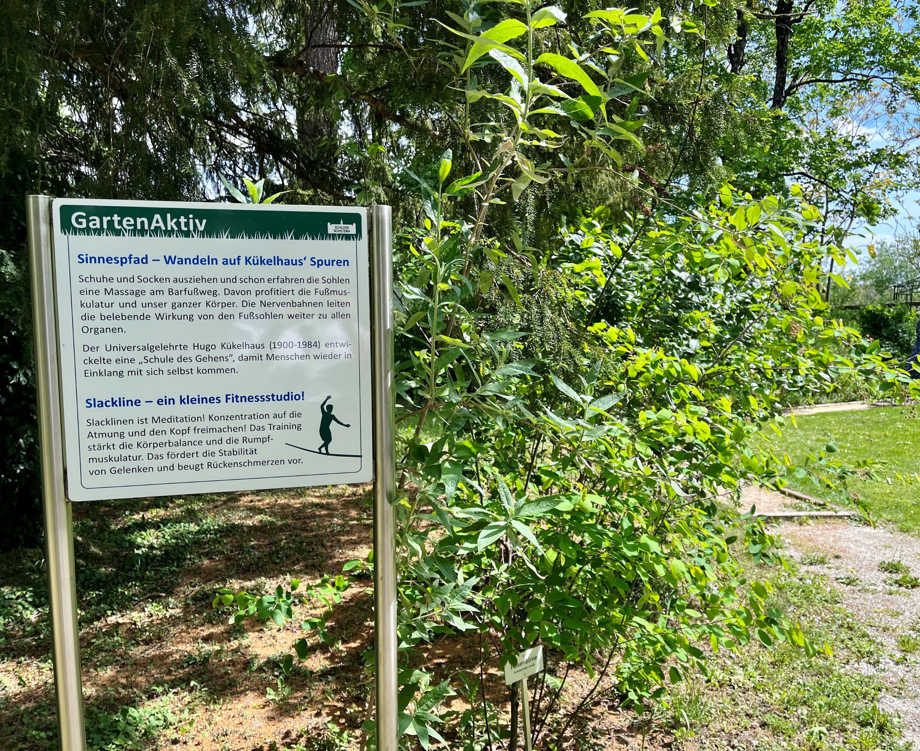 A sign in the countryside with information about a sensory trail and slackline.