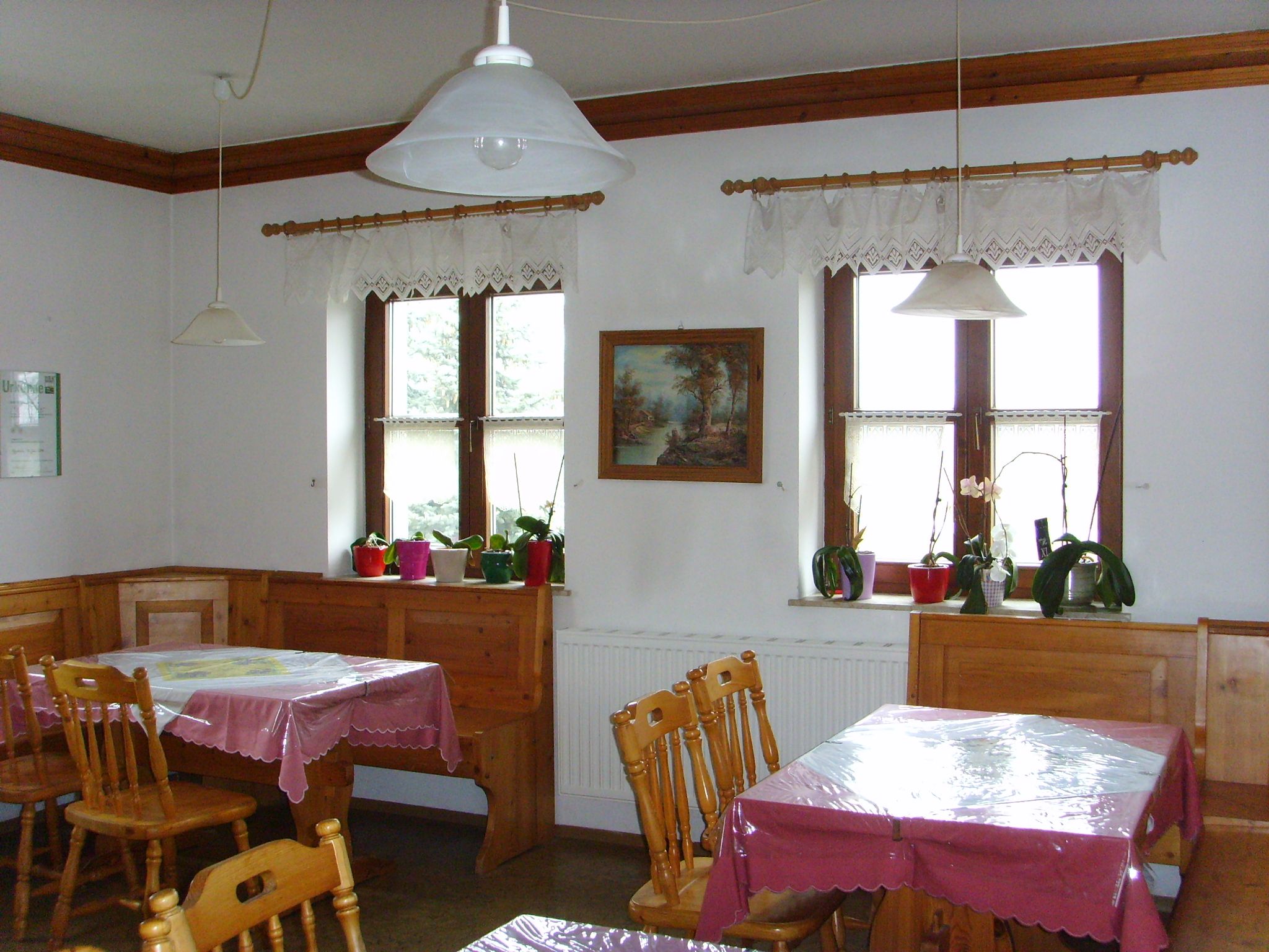 Cozy room with wooden furniture, tablecloths and plants on the windowsill.