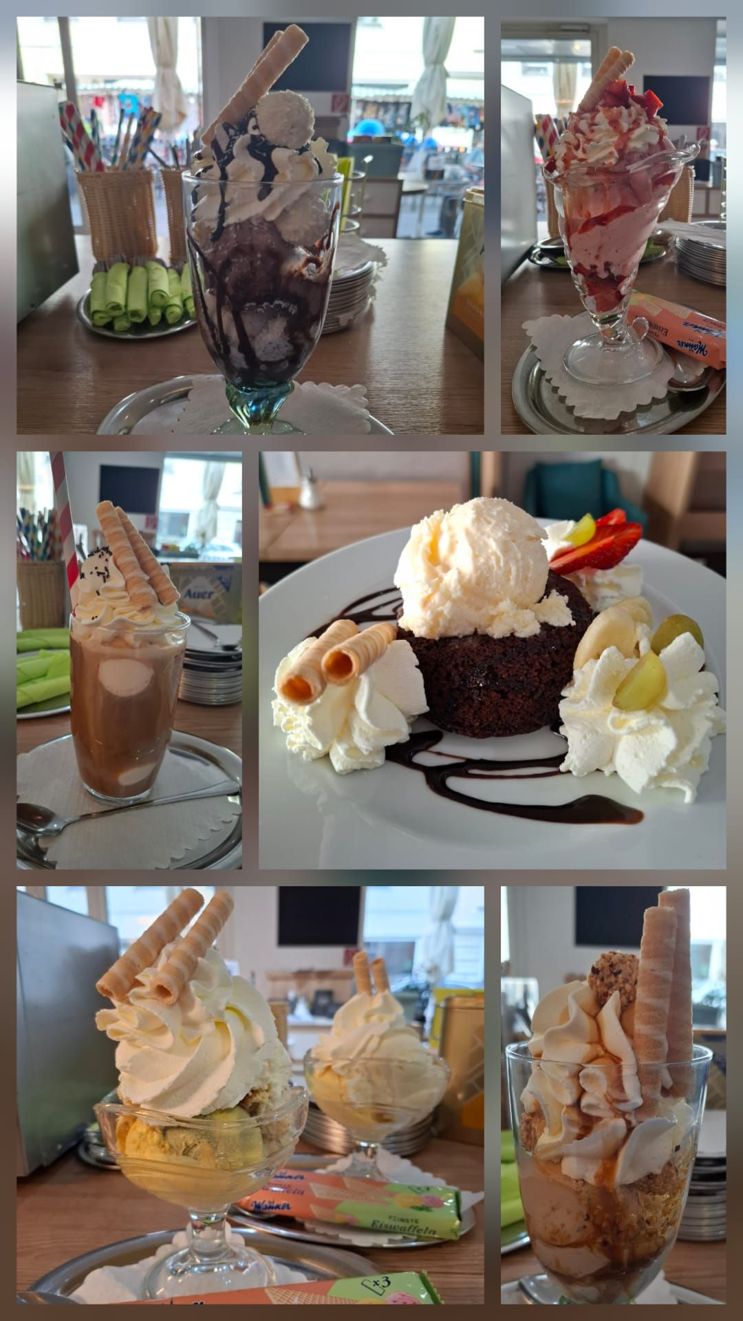 Various ice cream sundaes and desserts in a café.