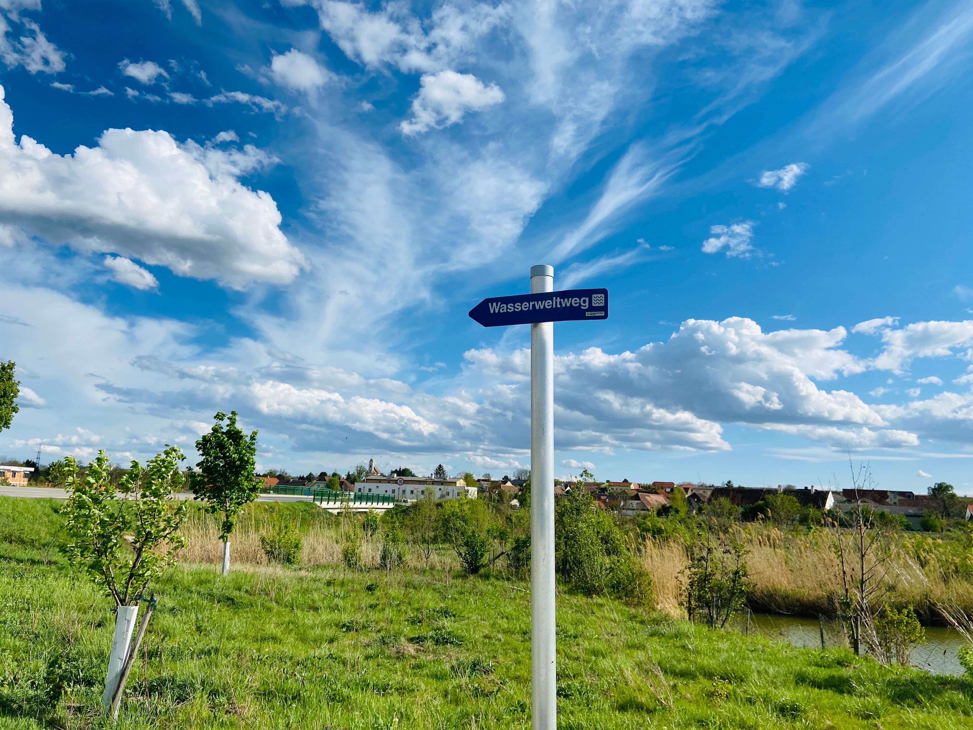 A signpost with the inscription 'Wasserweltweg' (Water World Trail) stands on a green meadow under a blue sky with white clouds.