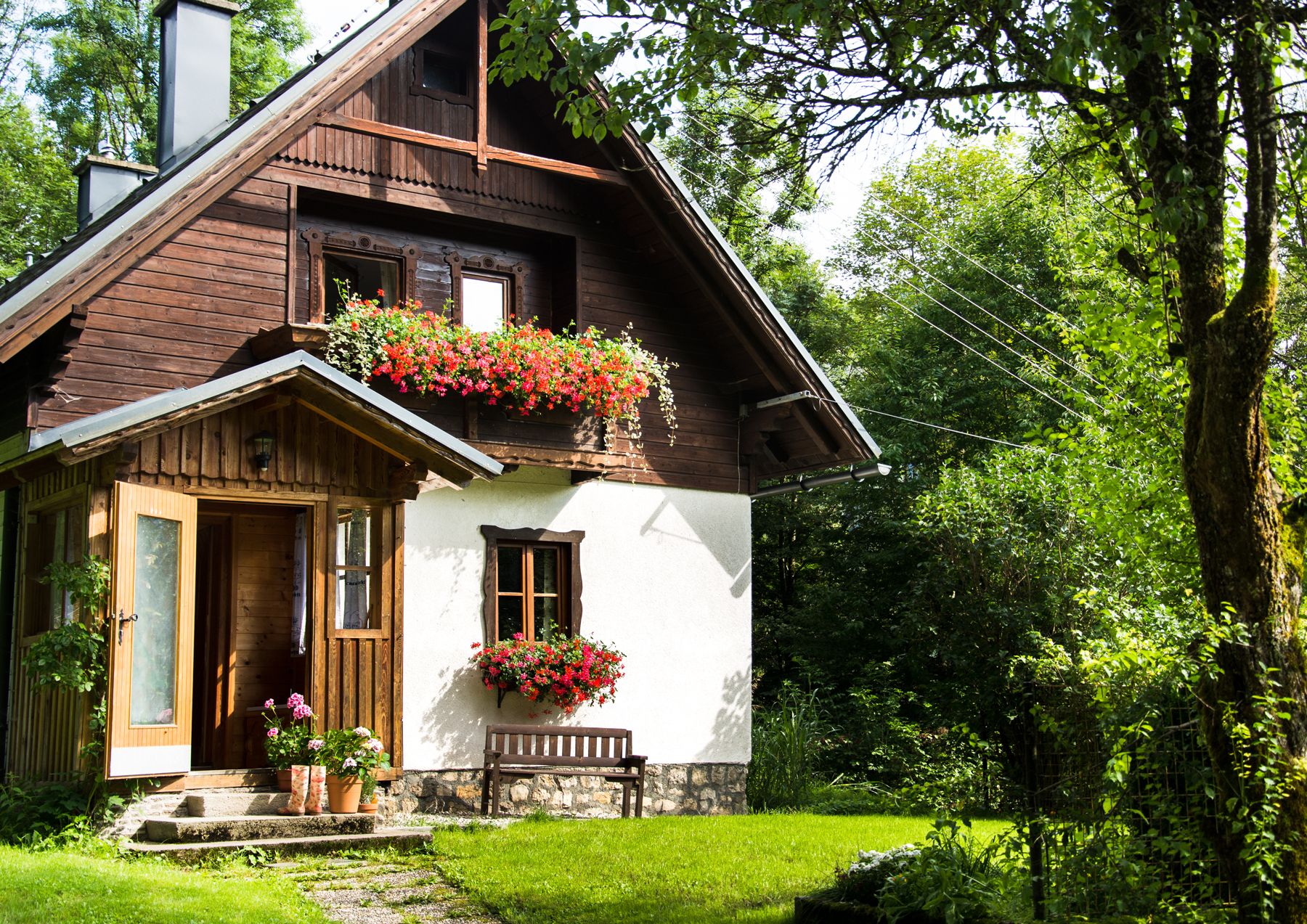 A picturesque vacation home with wooden paneling and flower boxes, surrounded by lush greenery.