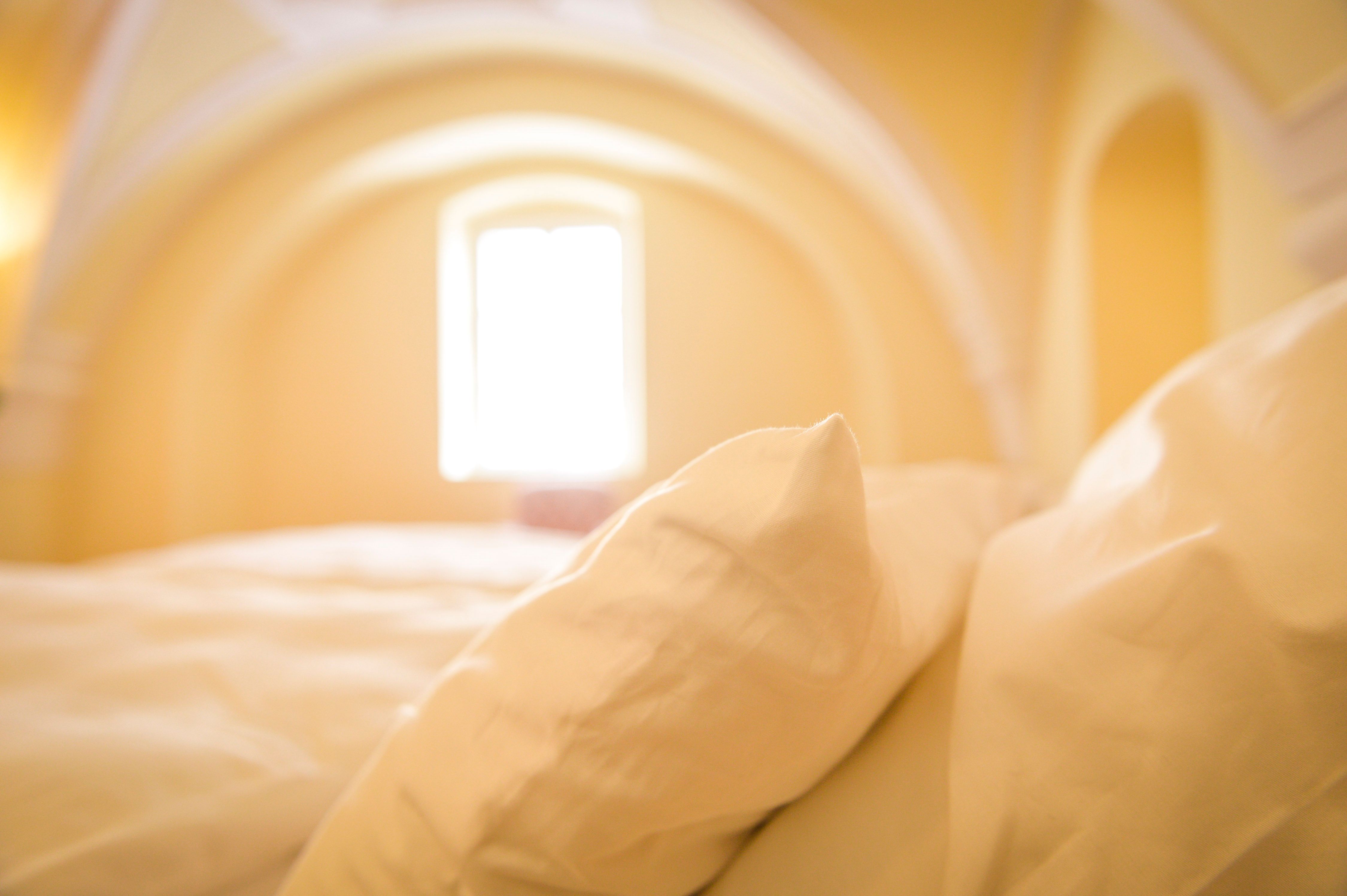 Close-up of pillows on a bed in a room with a vaulted ceiling and window.