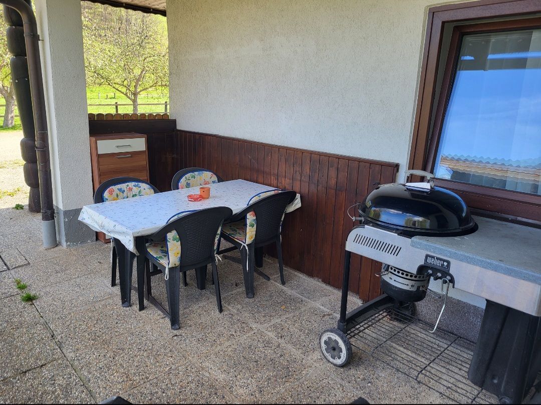 Terrace with table, chairs and barbecue.