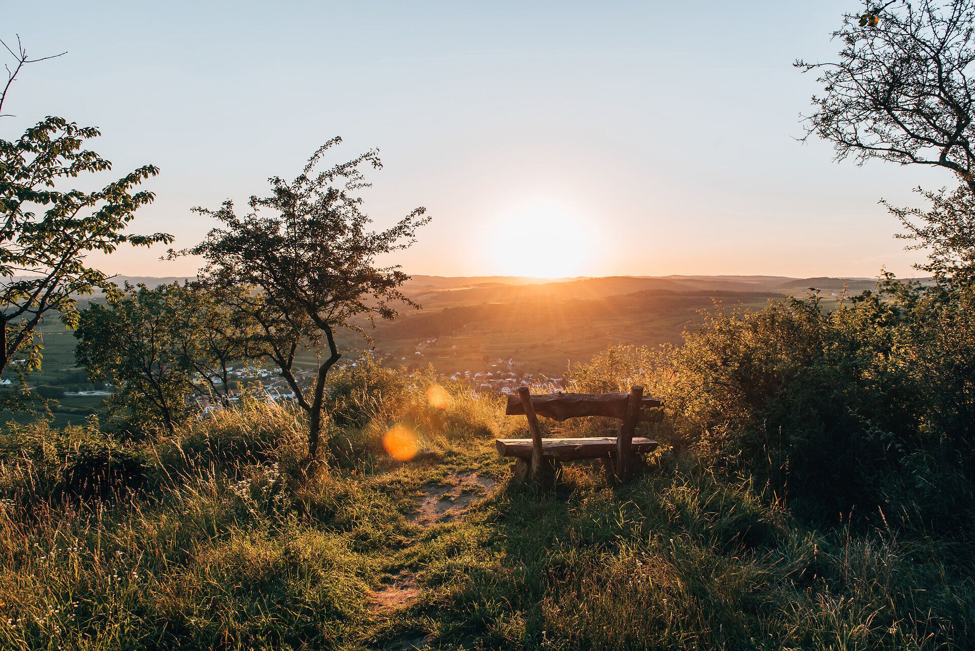 Aussichtsbank am Heiligenstein im Kamptal mit Blick über die Hügellandschaft des Waldviertels im warmen Licht des Sonnenuntergangs.