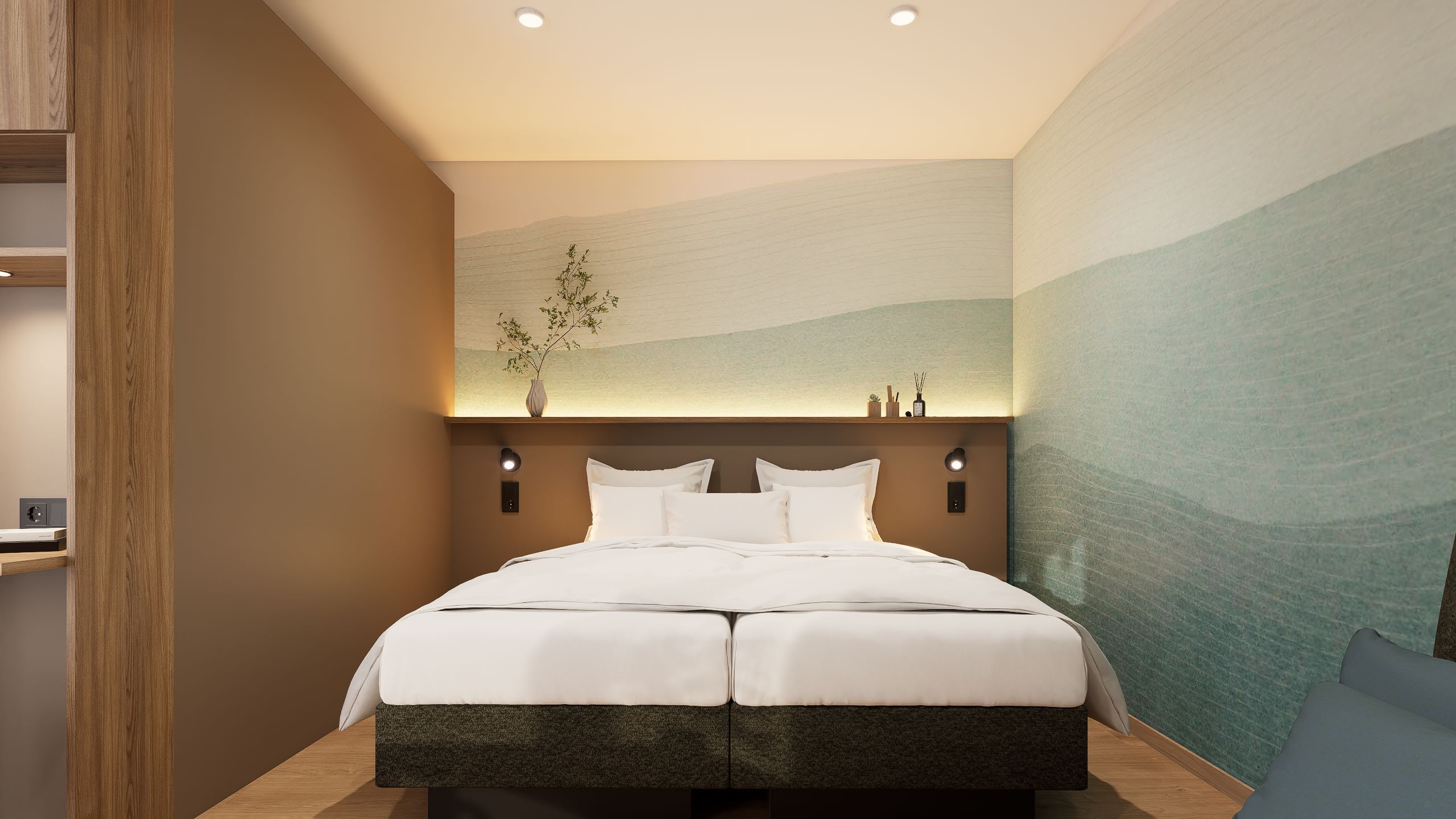 Modern apartment with double bed, minimalist decoration and soft lighting.